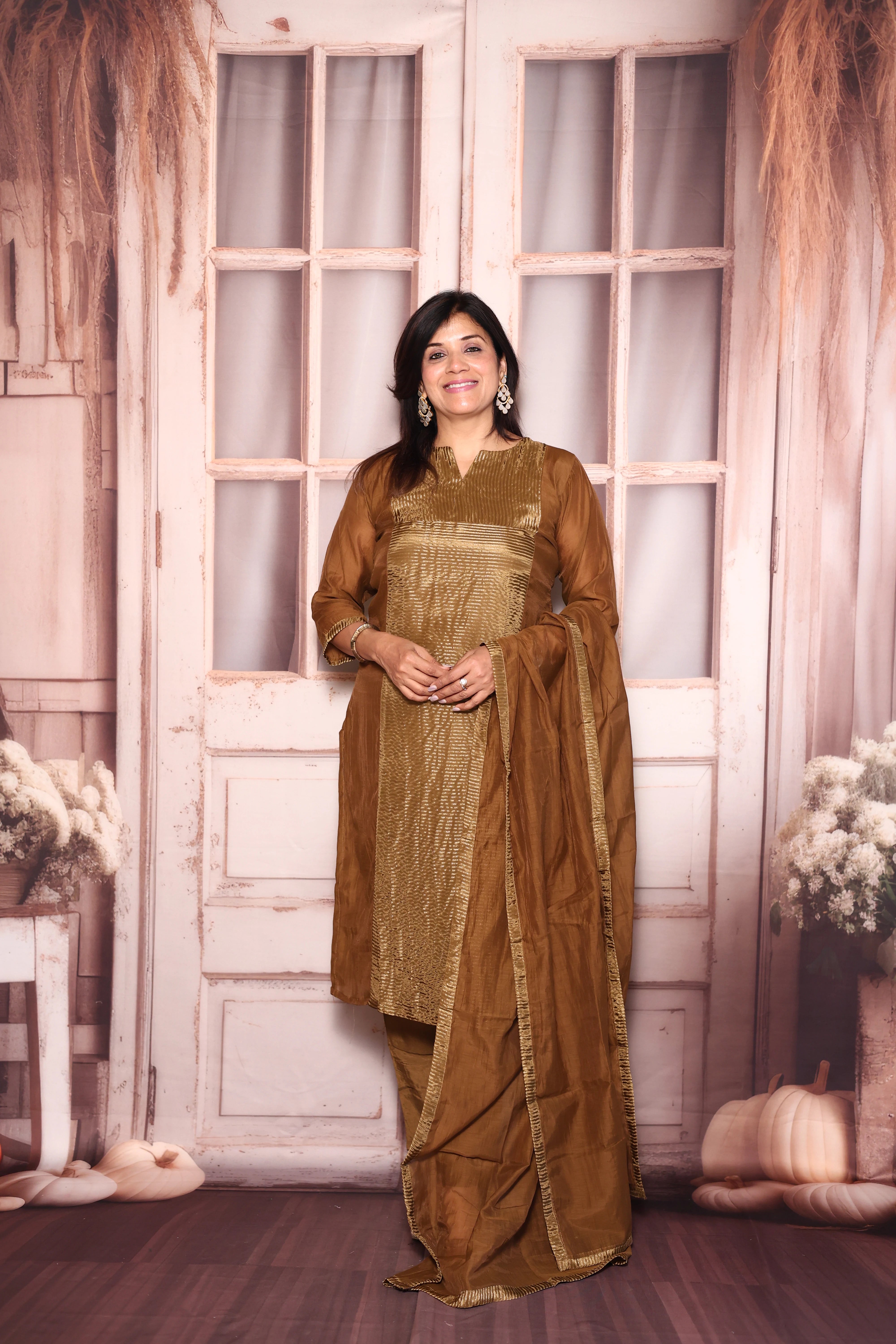 Golden Brown Kurti Pant with Dupatta Set | Pure Mul Chanderi Premium Ethnic Wear