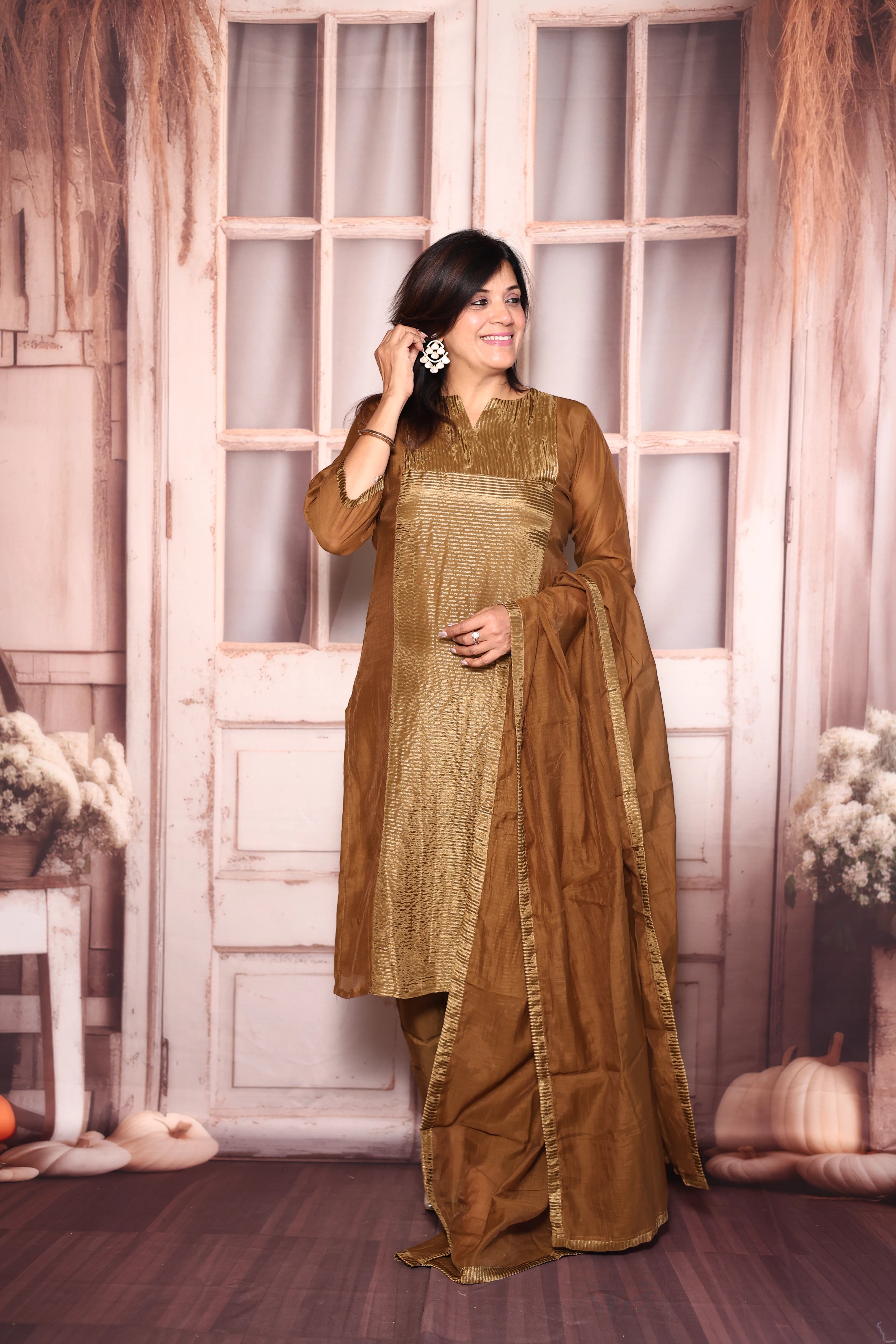 Golden Brown Kurti Pant with Dupatta Set | Pure Mul Chanderi Premium Ethnic Wear