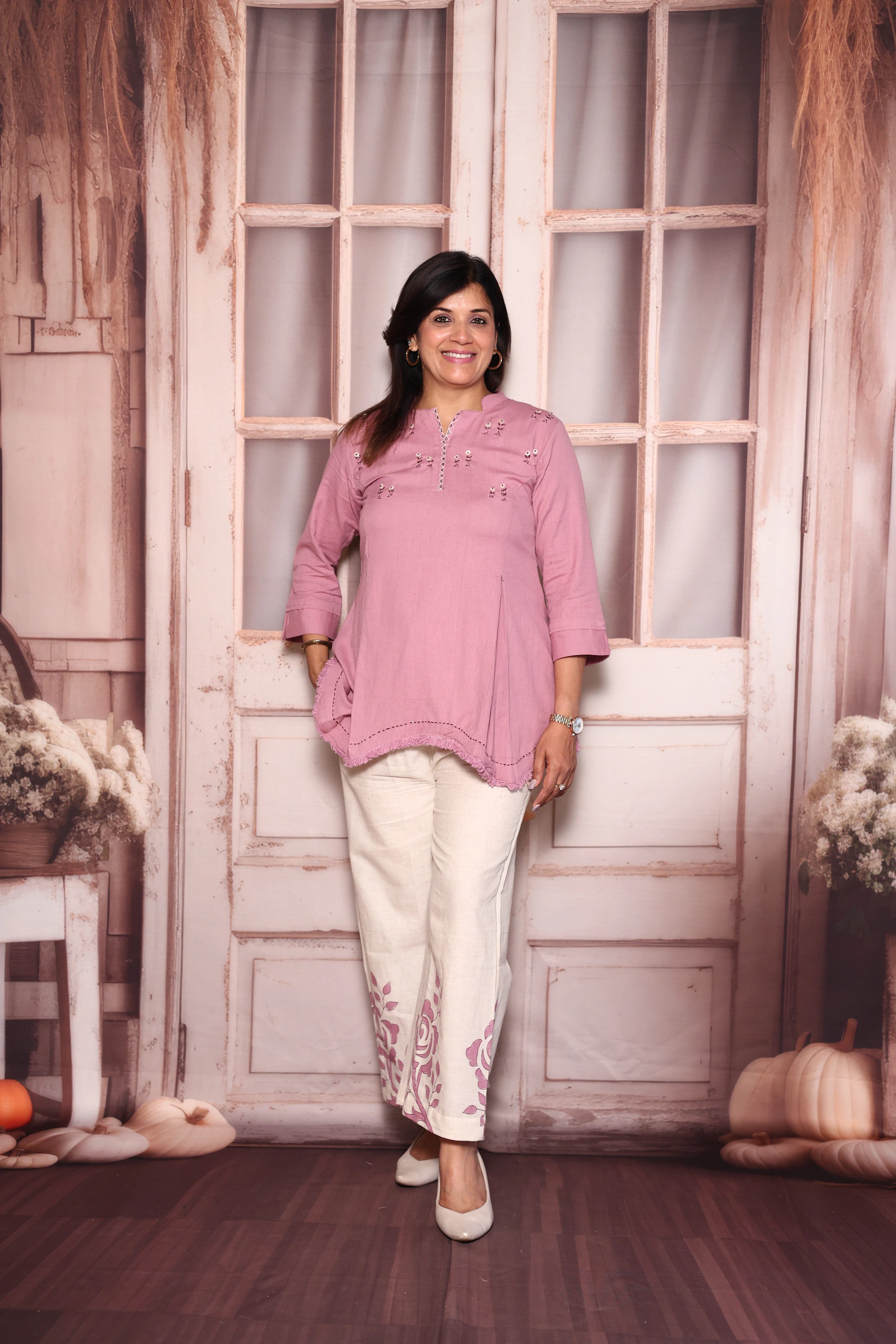 Onion Block Print Embroidered Top Palazzo Co-Ord Set | Cotton Flex Ethnic Fusion Wear