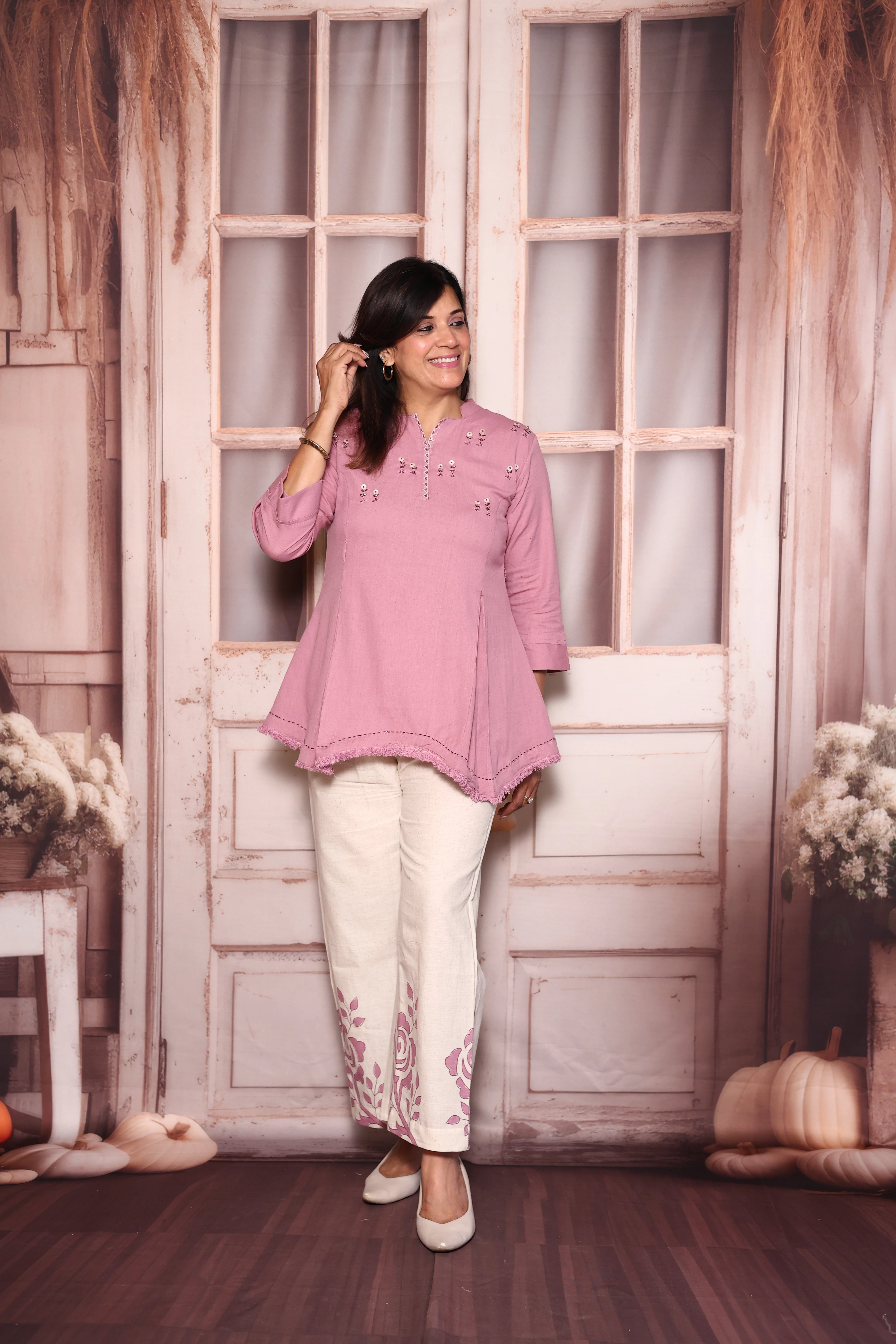 Onion Block Print Embroidered Top Palazzo Co-Ord Set | Cotton Flex Ethnic Fusion Wear