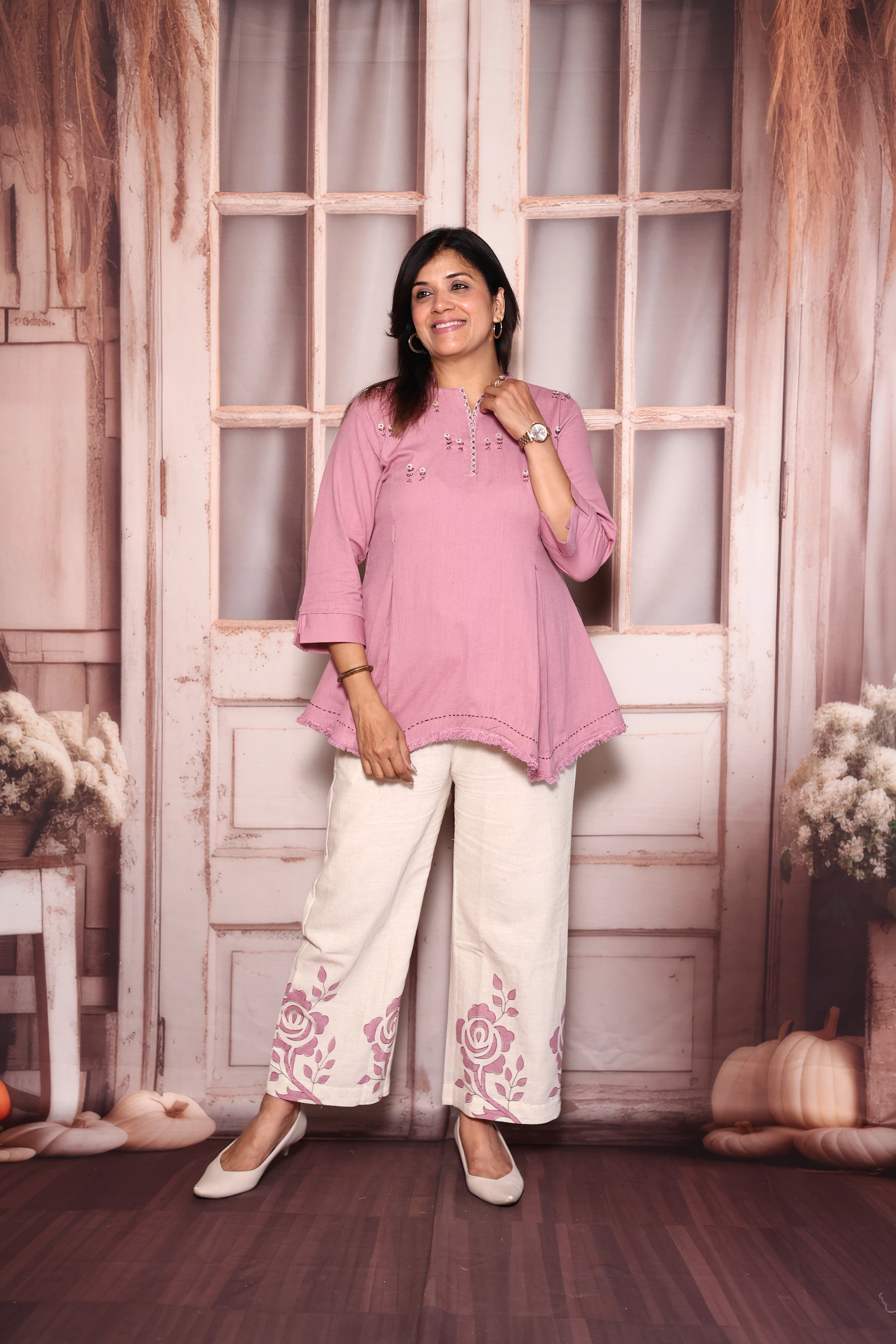 Onion Block Print Embroidered Top Palazzo Co-Ord Set | Cotton Flex Ethnic Fusion Wear
