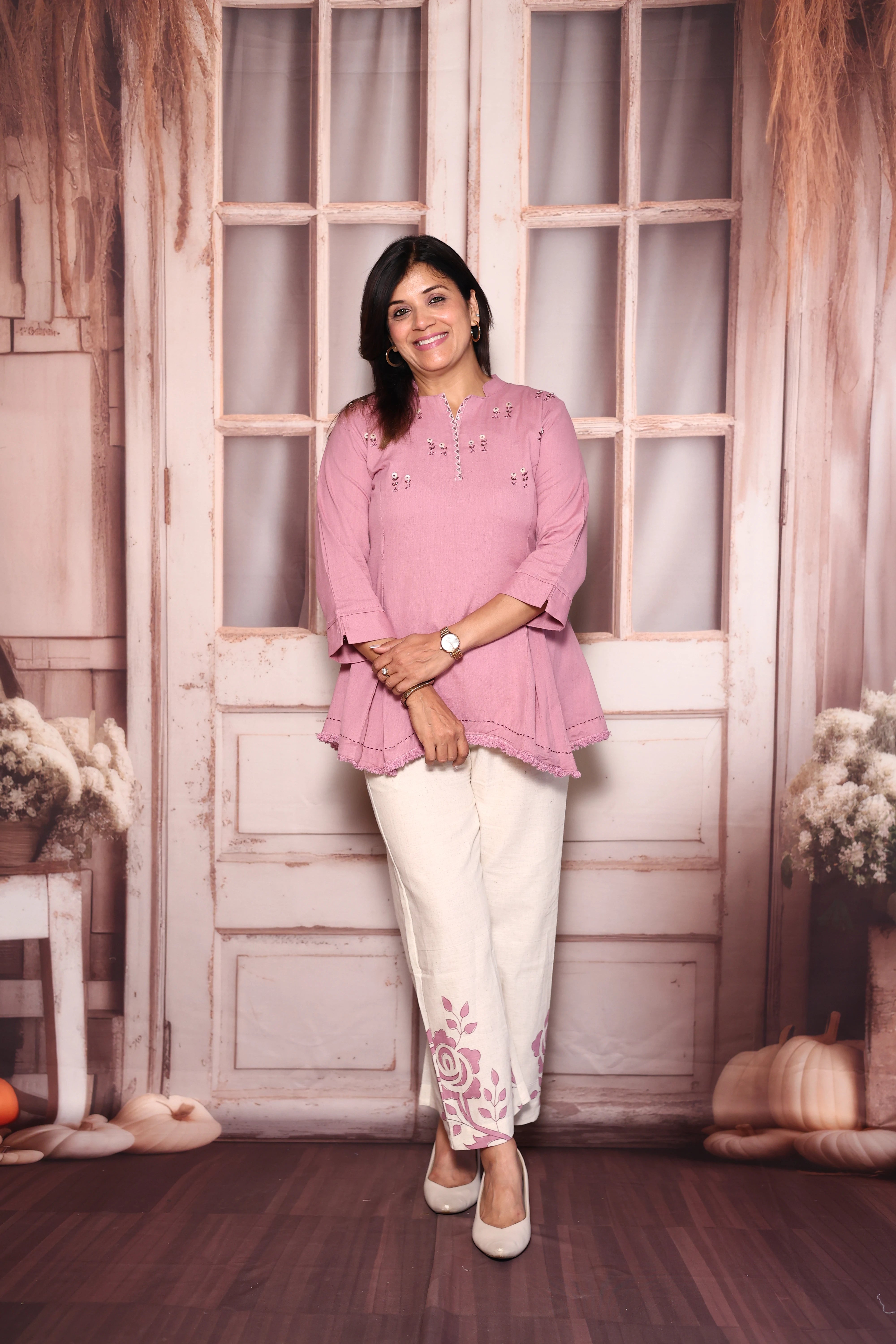 Onion Block Print Embroidered Top Palazzo Co-Ord Set | Cotton Flex Ethnic Fusion Wear