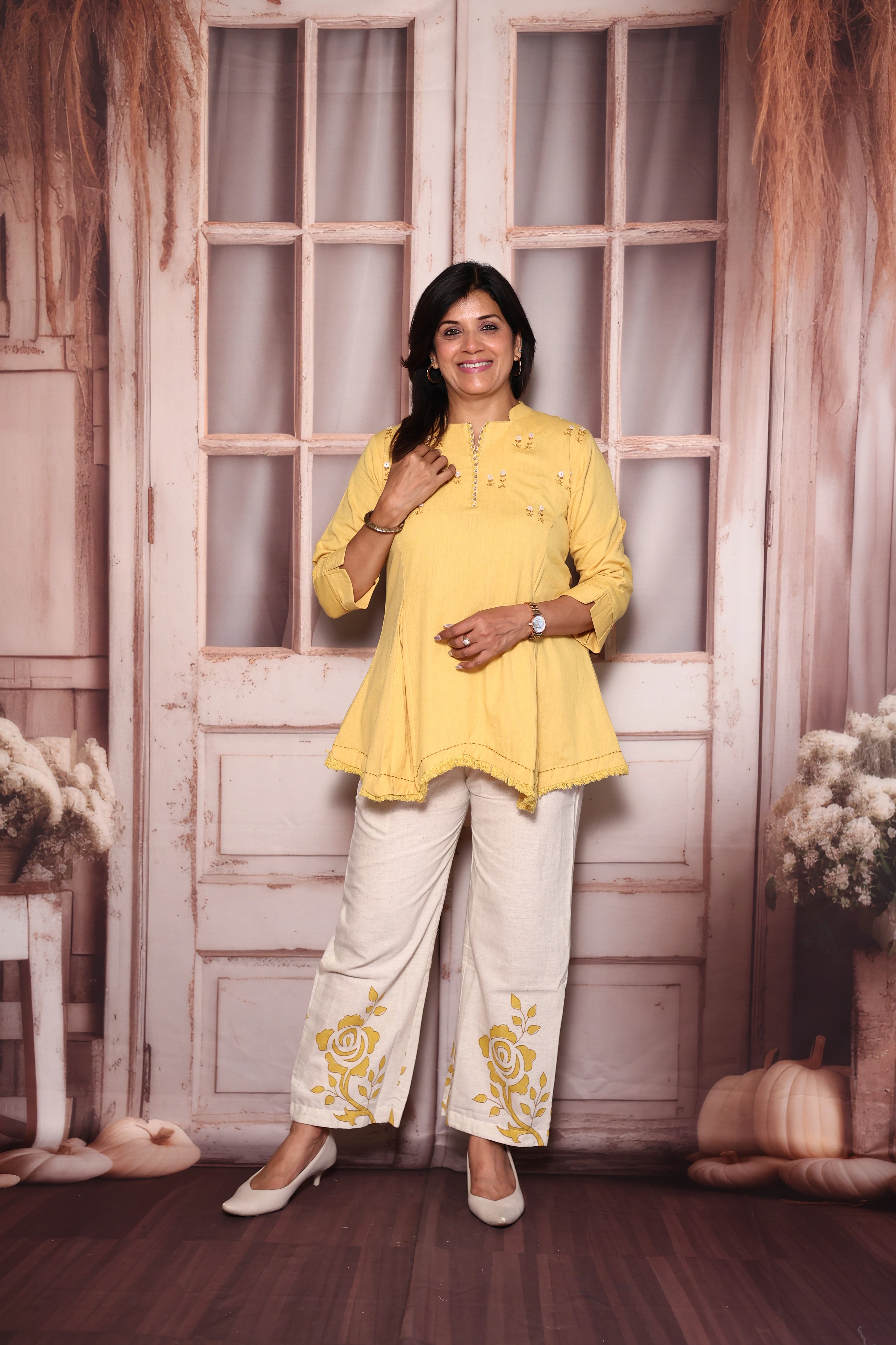 Yellow Block Print Embroidered Top Palazzo Co-Ord Set | Cotton Flex Ethnic Fusion Wear