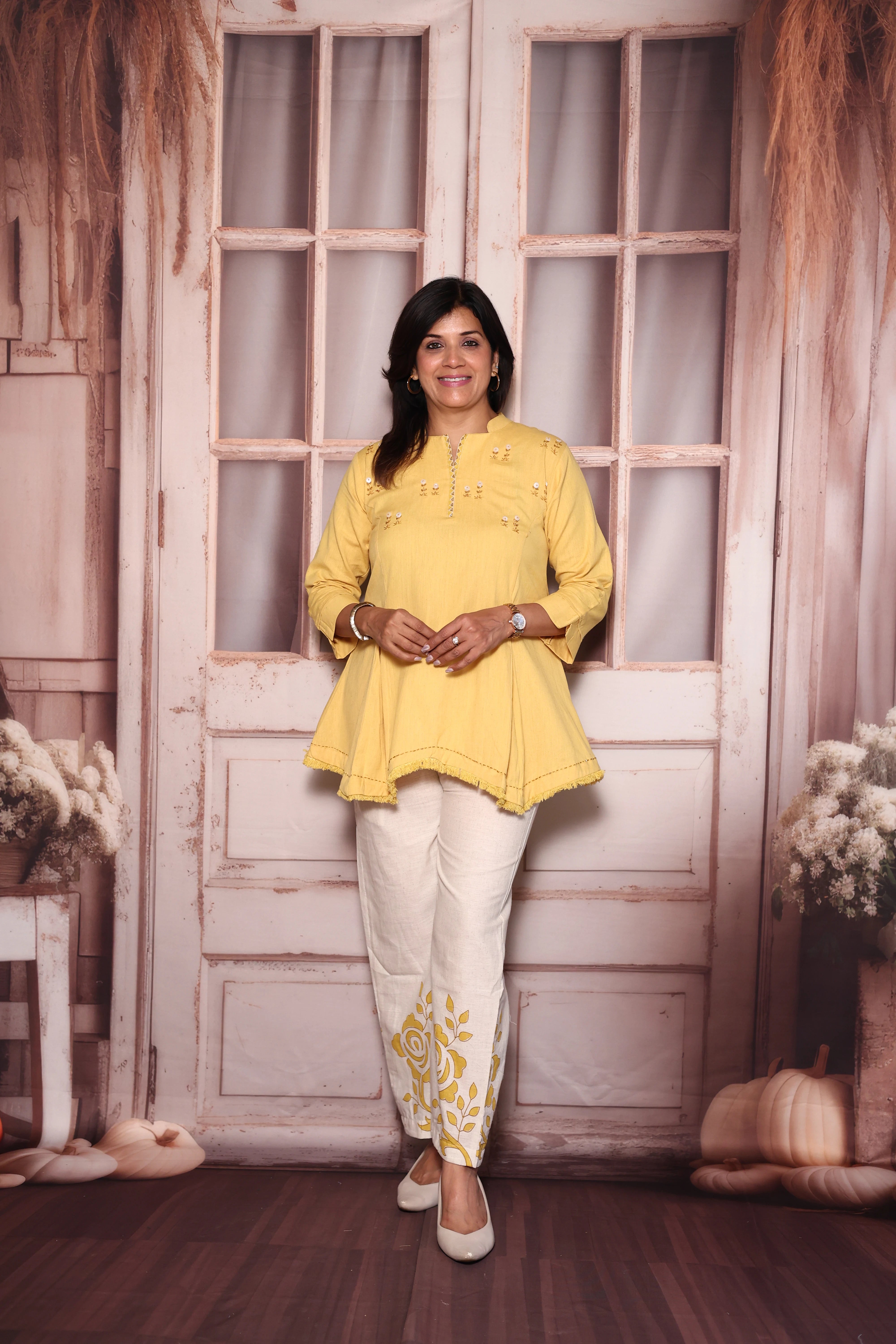 Yellow Block Print Embroidered Top Palazzo Co-Ord Set | Cotton Flex Ethnic Fusion Wear