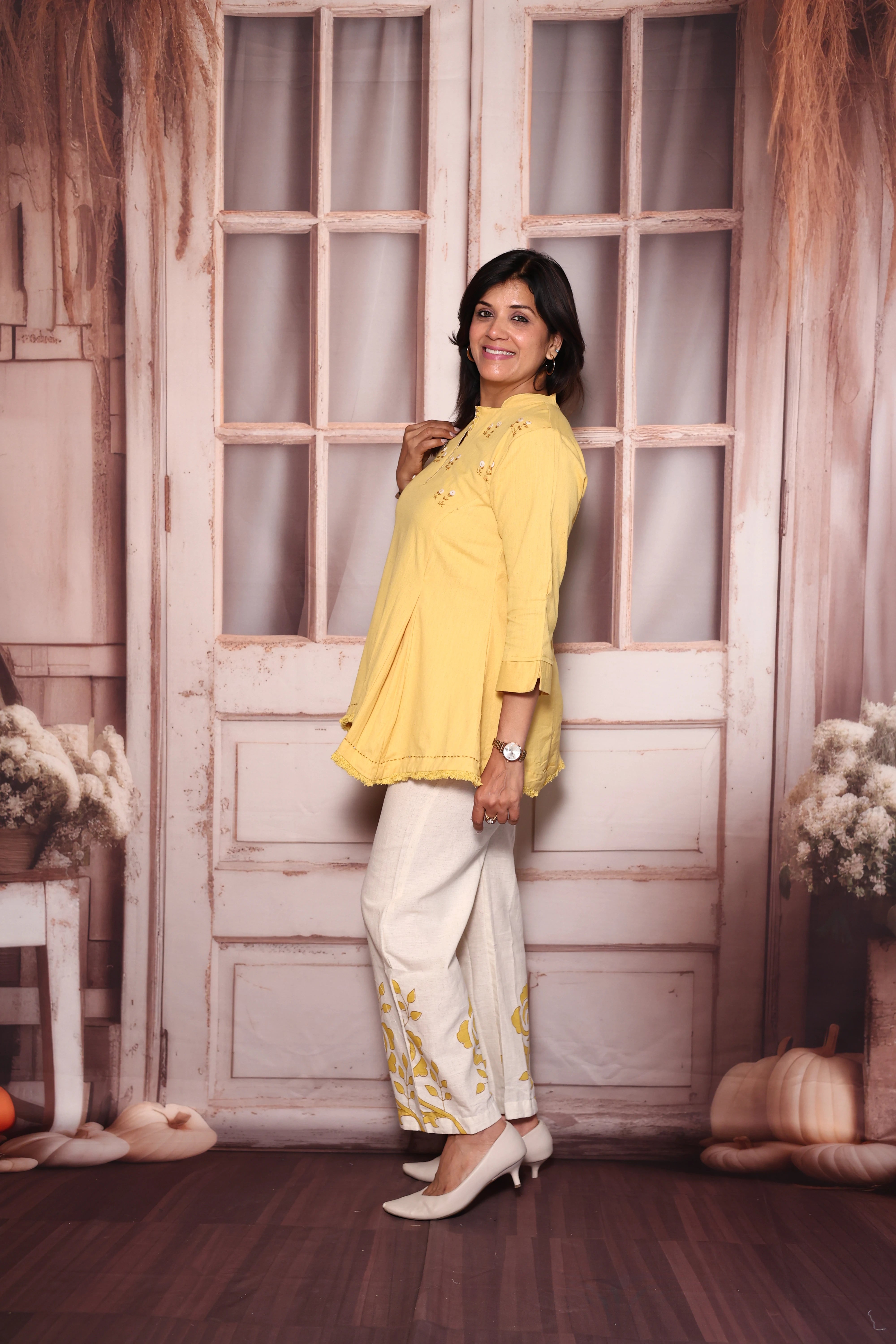 Yellow Block Print Embroidered Top Palazzo Co-Ord Set | Cotton Flex Ethnic Fusion Wear