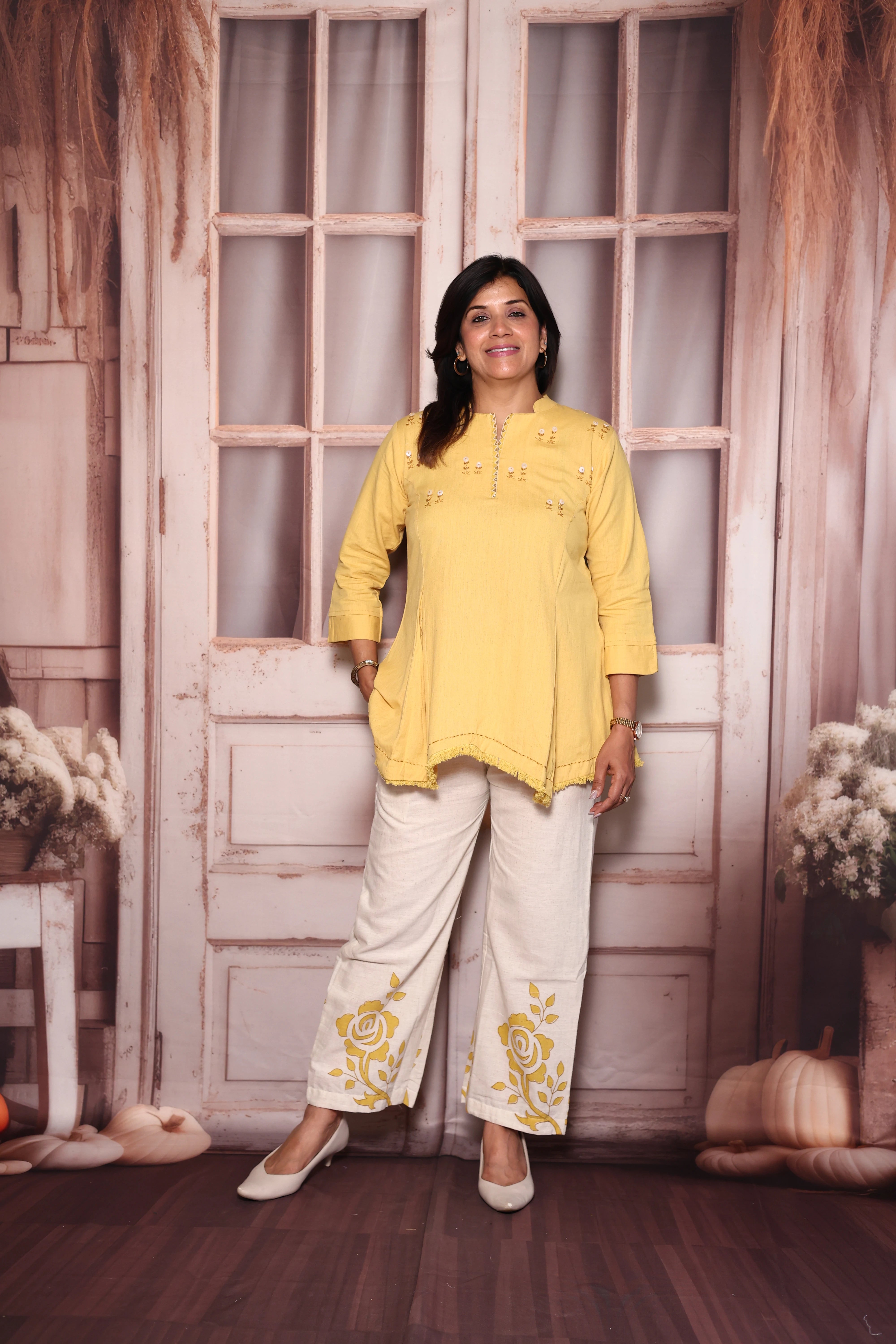 Yellow Block Print Embroidered Top Palazzo Co-Ord Set | Cotton Flex Ethnic Fusion Wear