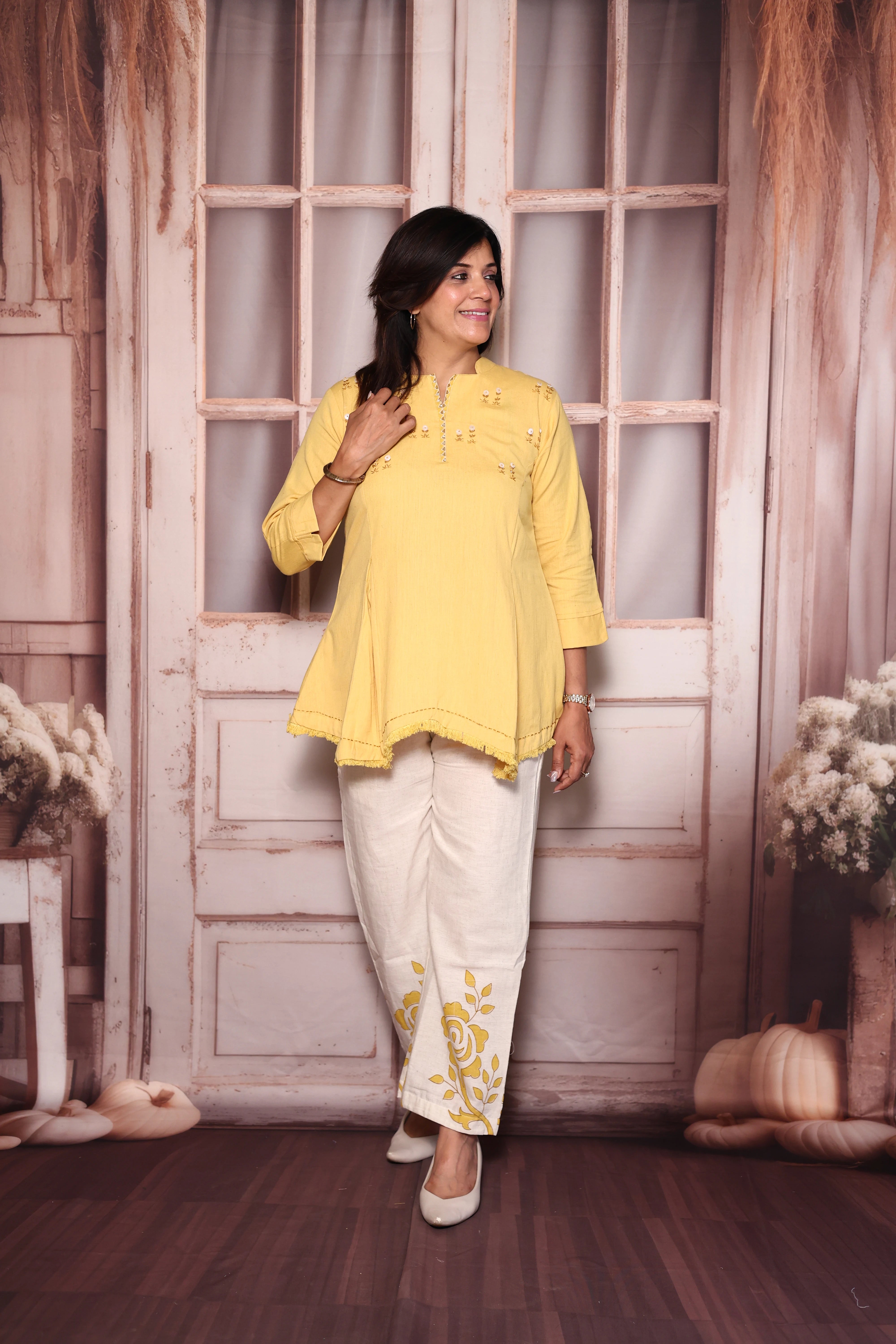 Yellow Block Print Embroidered Top Palazzo Co-Ord Set | Cotton Flex Ethnic Fusion Wear
