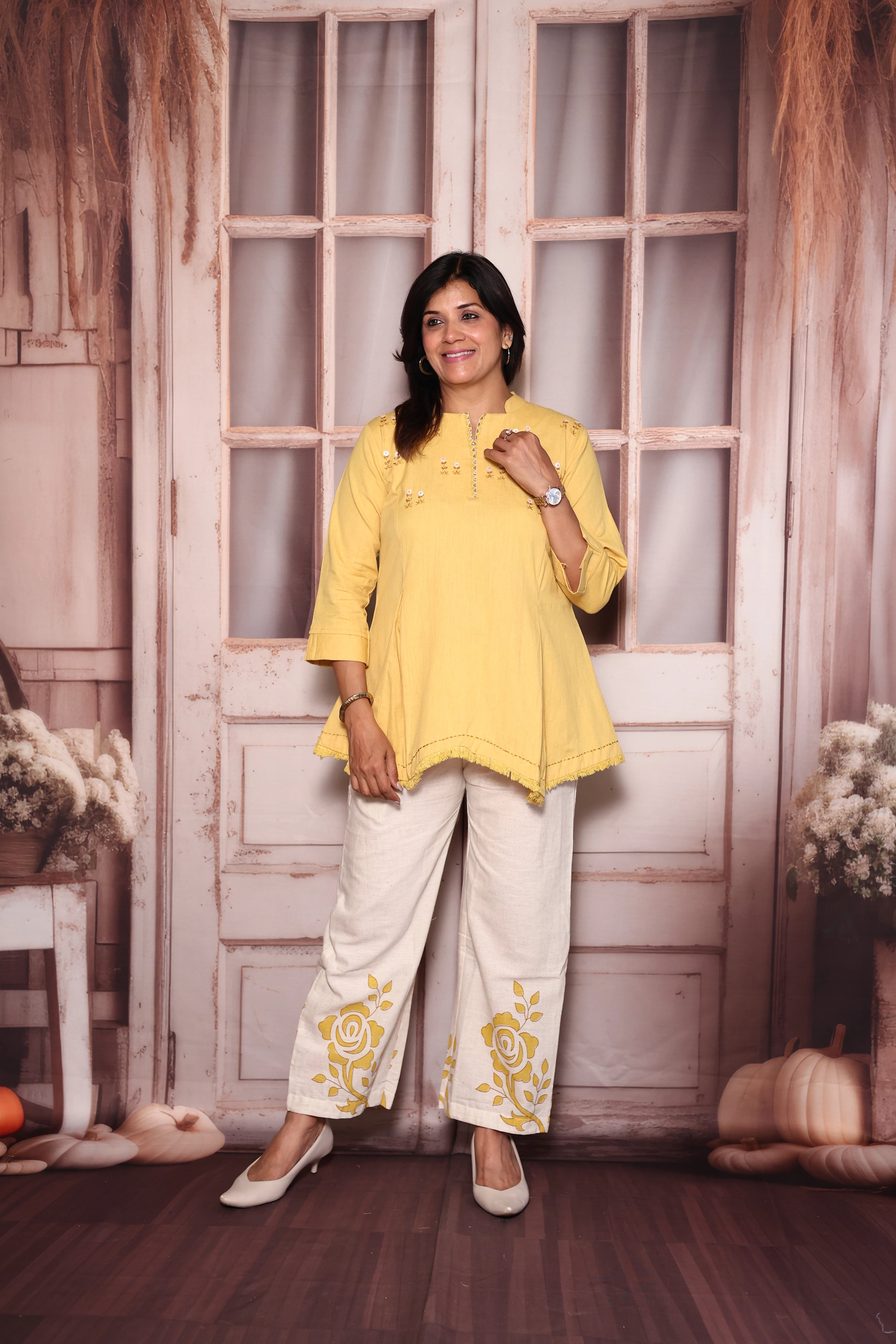 Yellow Block Print Embroidered Top Palazzo Co-Ord Set | Cotton Flex Ethnic Fusion Wear