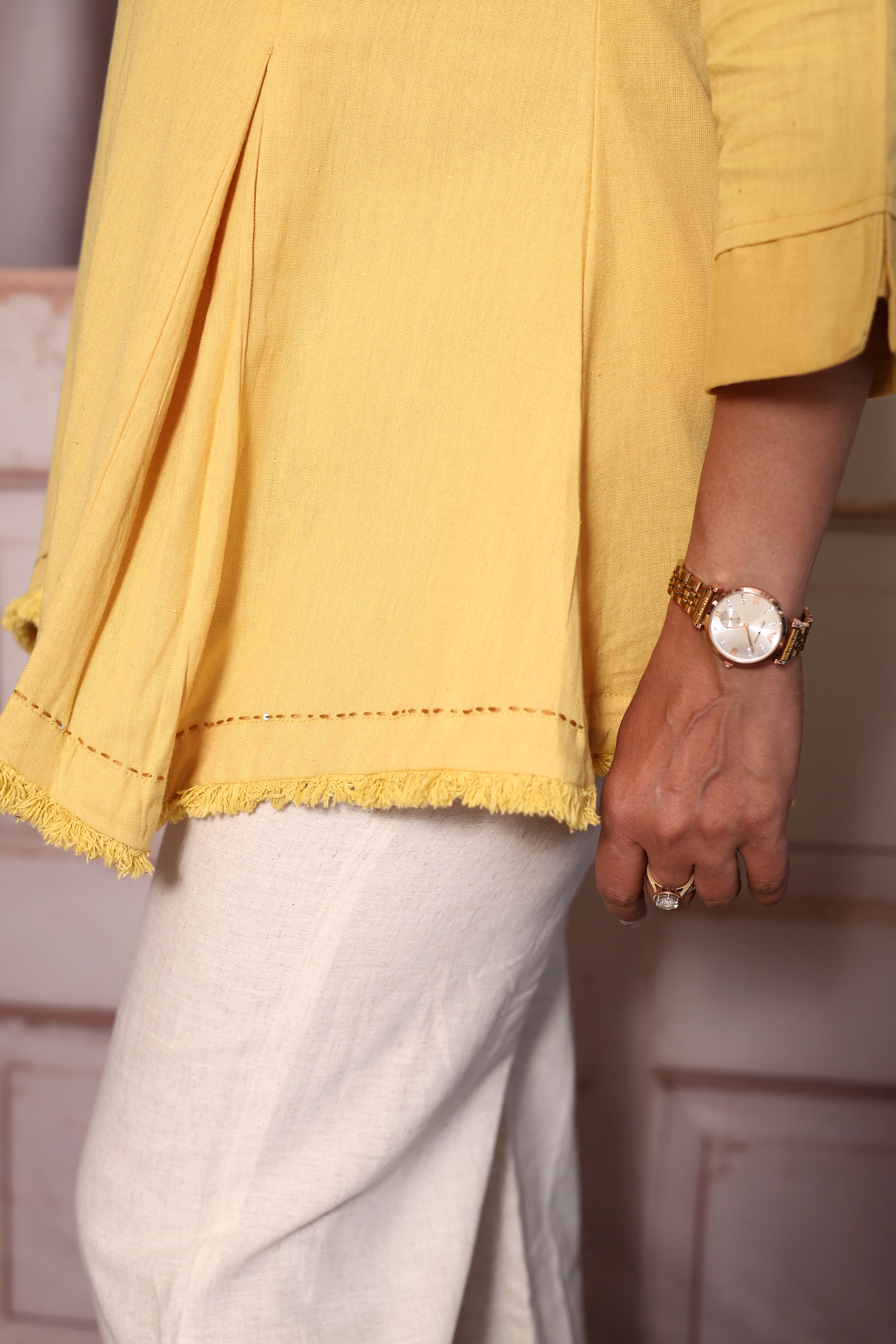 Yellow Block Print Embroidered Top Palazzo Co-Ord Set | Cotton Flex Ethnic Fusion Wear