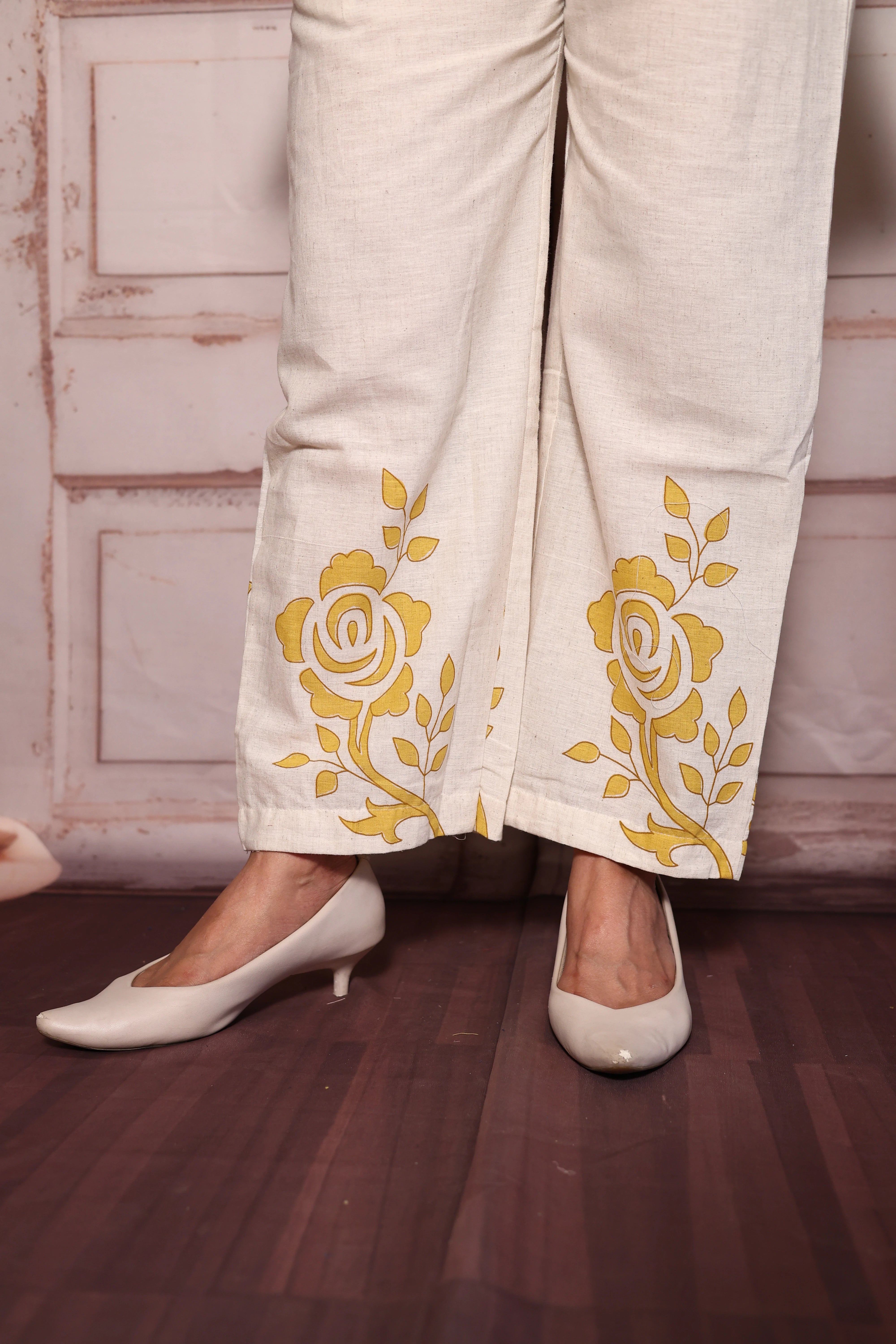Yellow Block Print Embroidered Top Palazzo Co-Ord Set | Cotton Flex Ethnic Fusion Wear