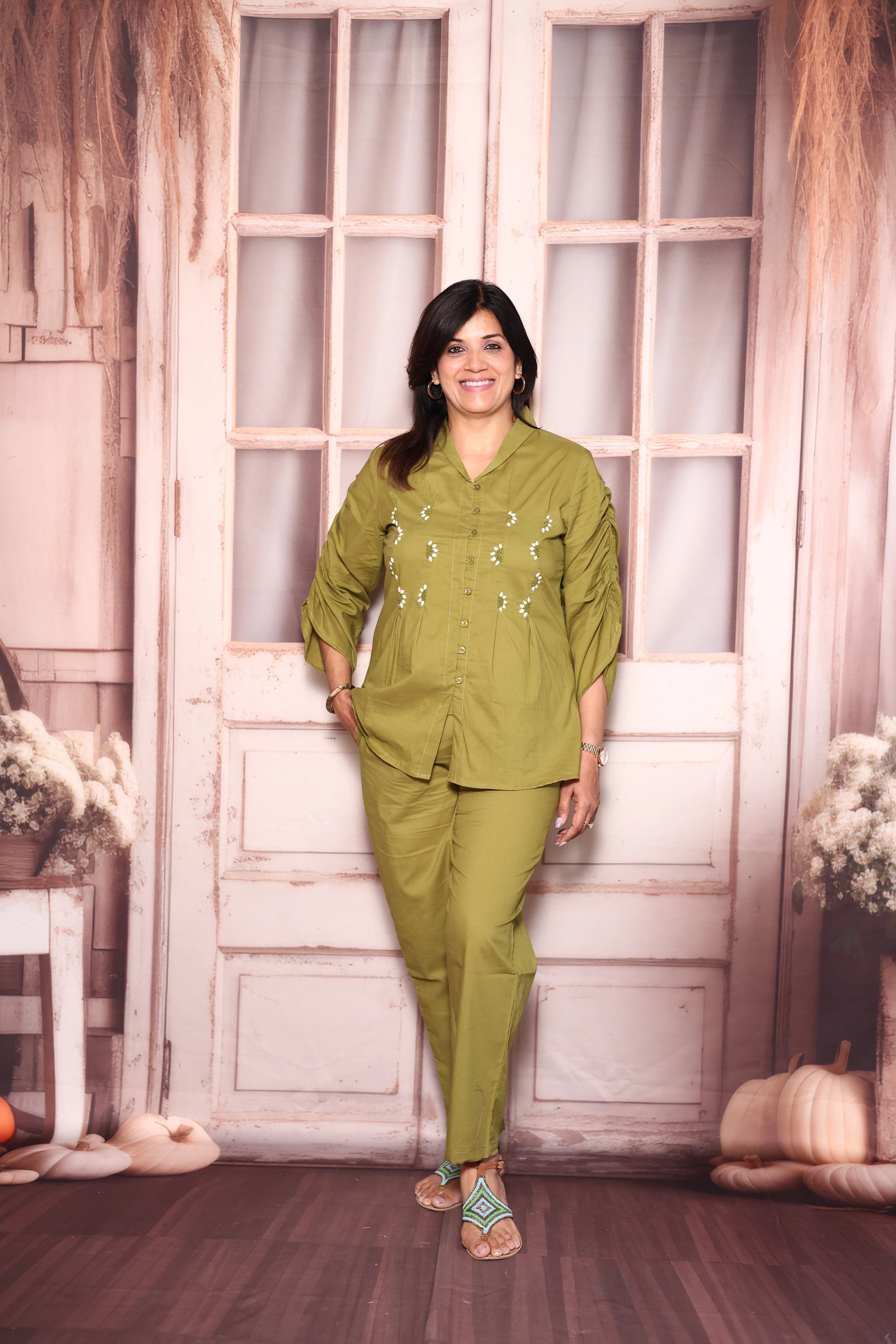Mehndi Green Embroidered Top Pant Co-Ord Set | Soft Cotton Casual Elegance