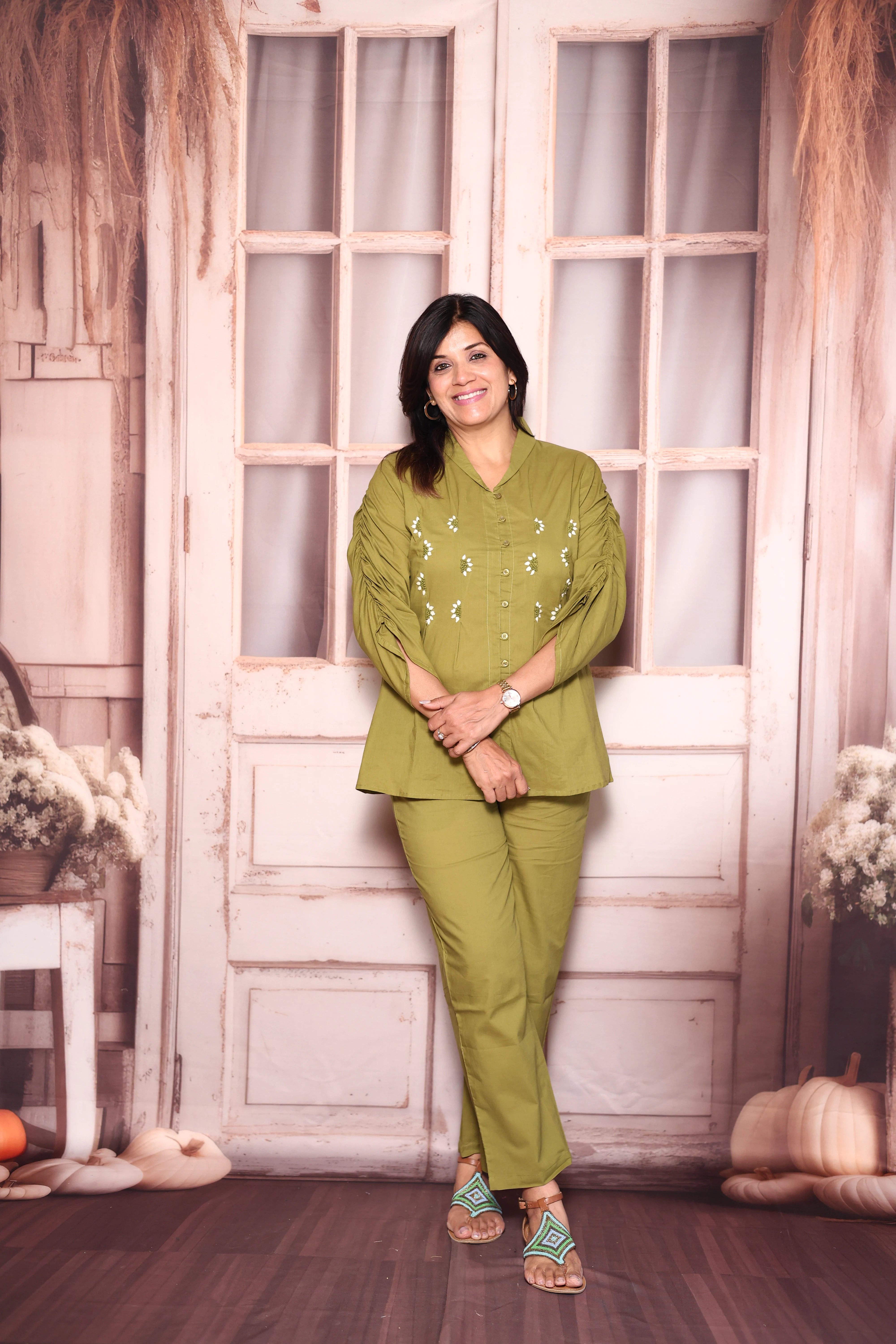 Mehndi Green Embroidered Top Pant Co-Ord Set | Soft Cotton Casual Elegance