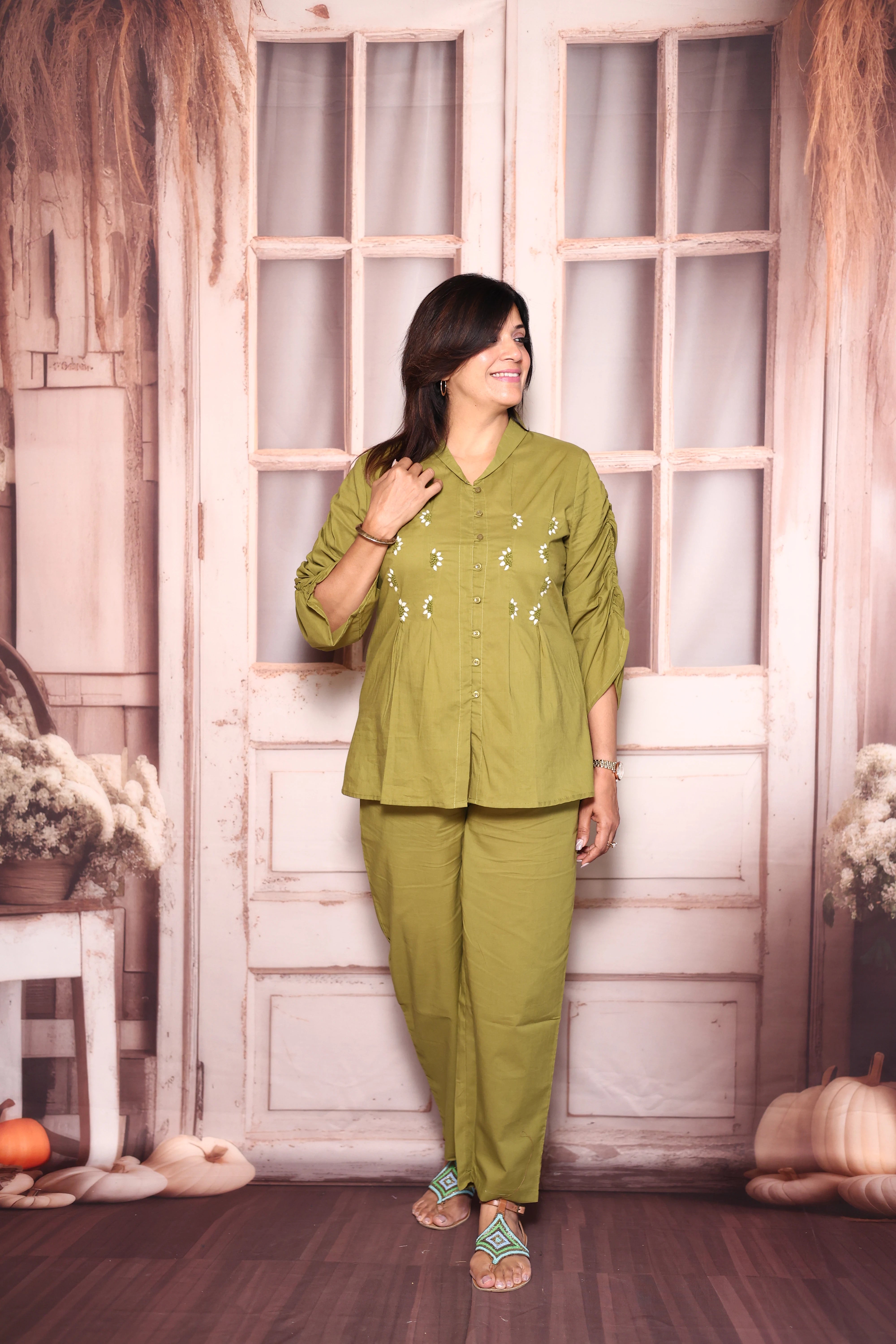 Mehndi Green Embroidered Top Pant Co-Ord Set | Soft Cotton Casual Elegance