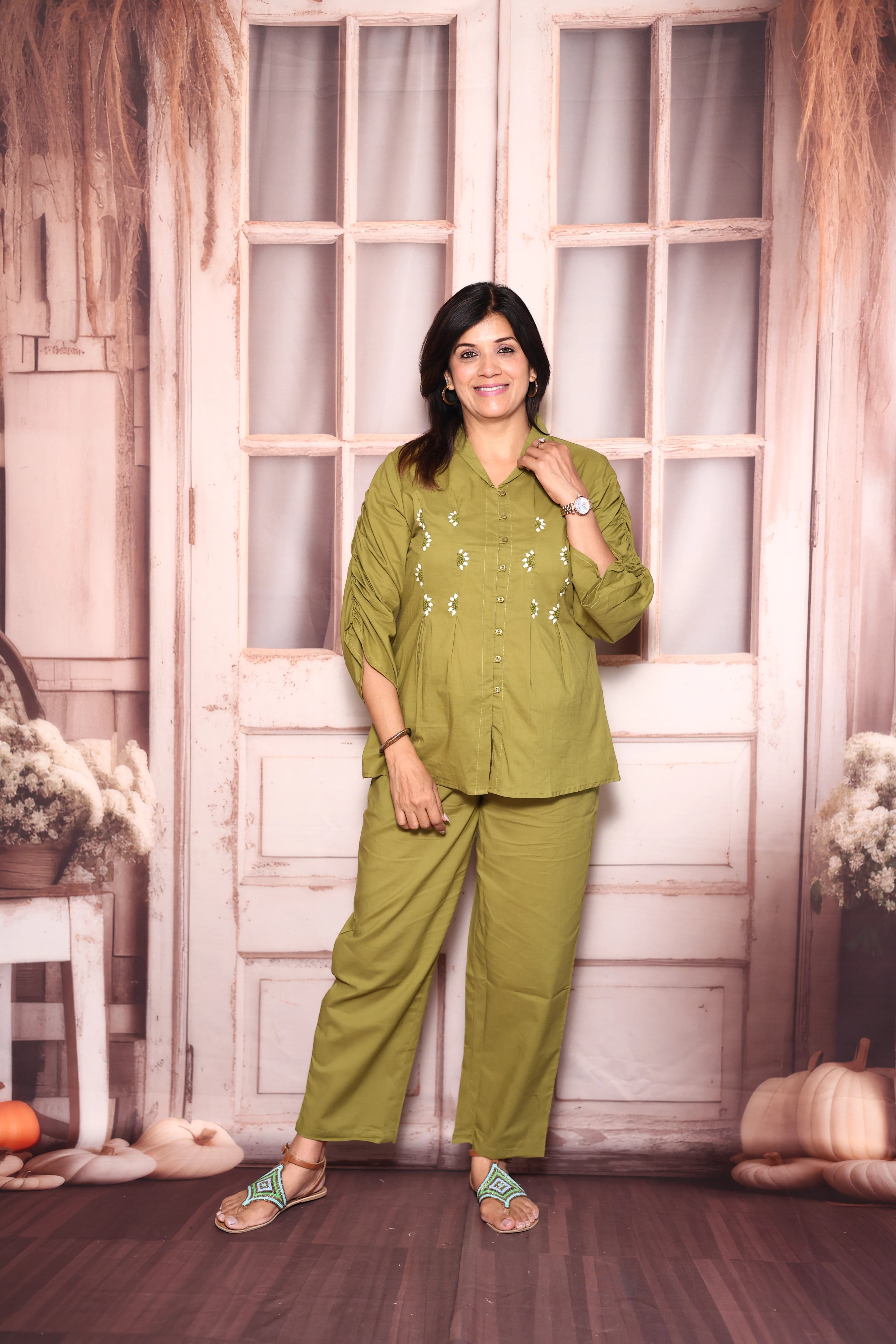 Mehndi Green Embroidered Top Pant Co-Ord Set | Soft Cotton Casual Elegance