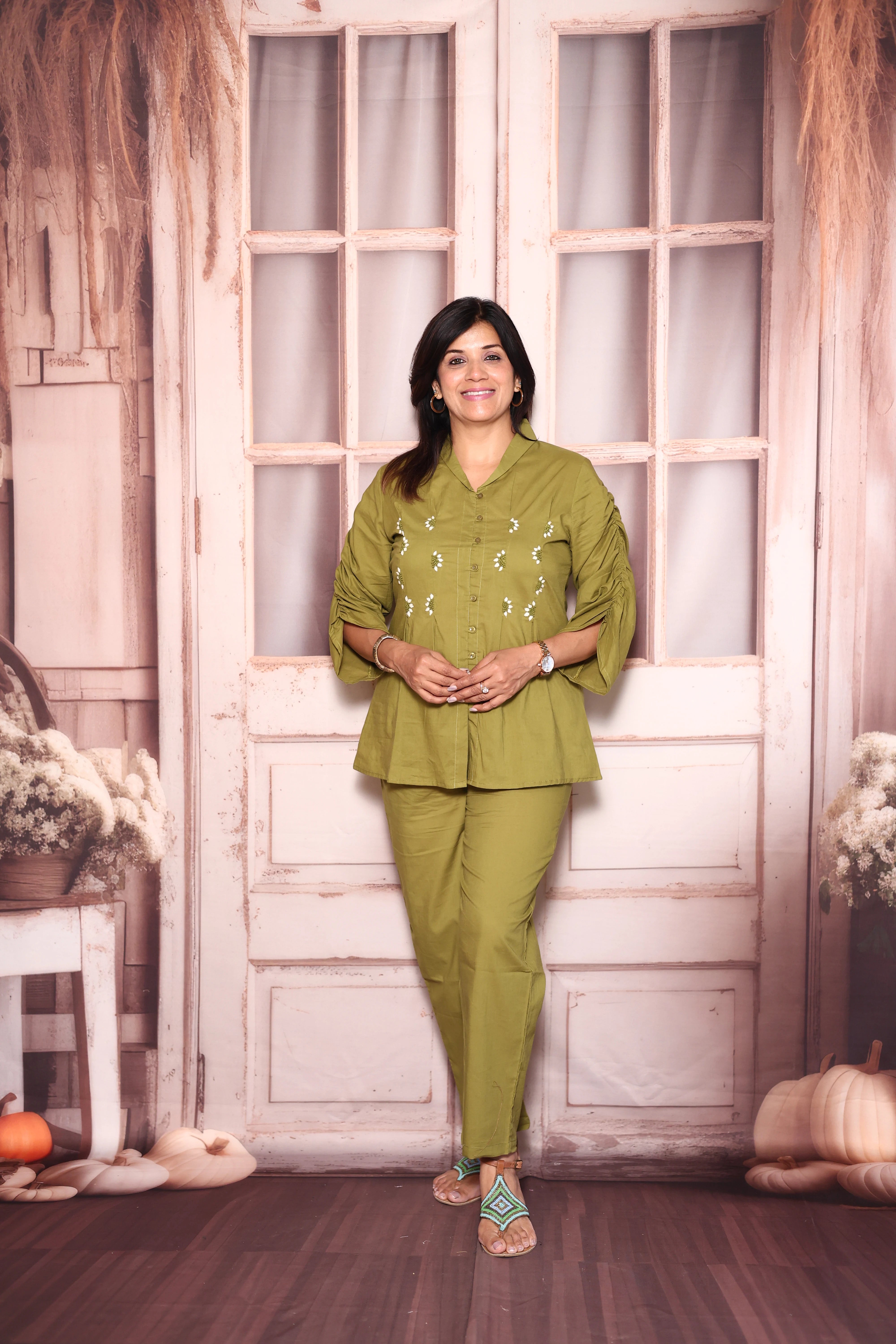 Mehndi Green Embroidered Top Pant Co-Ord Set | Soft Cotton Casual Elegance