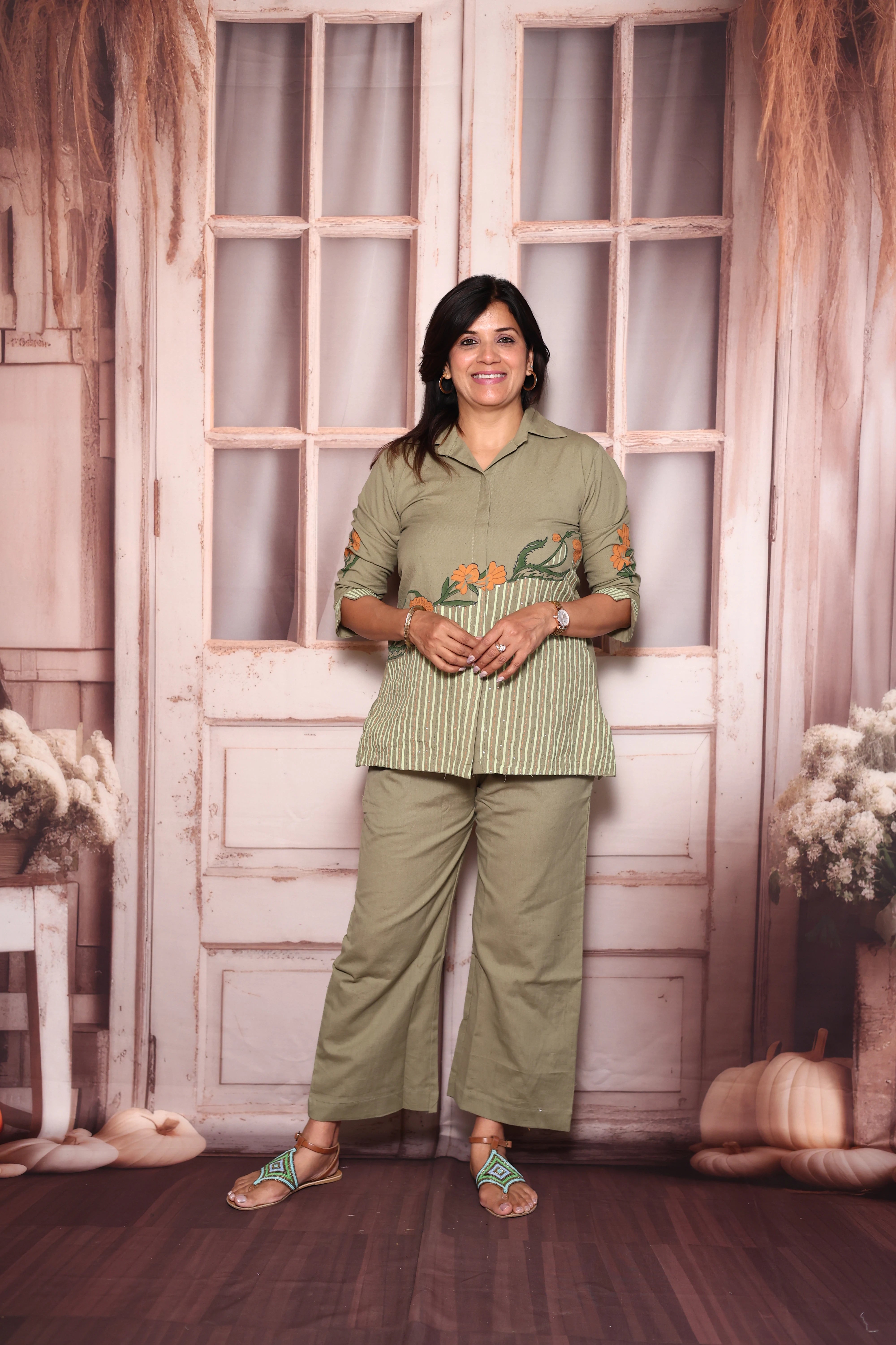 Sage Green Collared Top Palazzo Co-Ord Set | Hand Printed Cotton Flex Wear