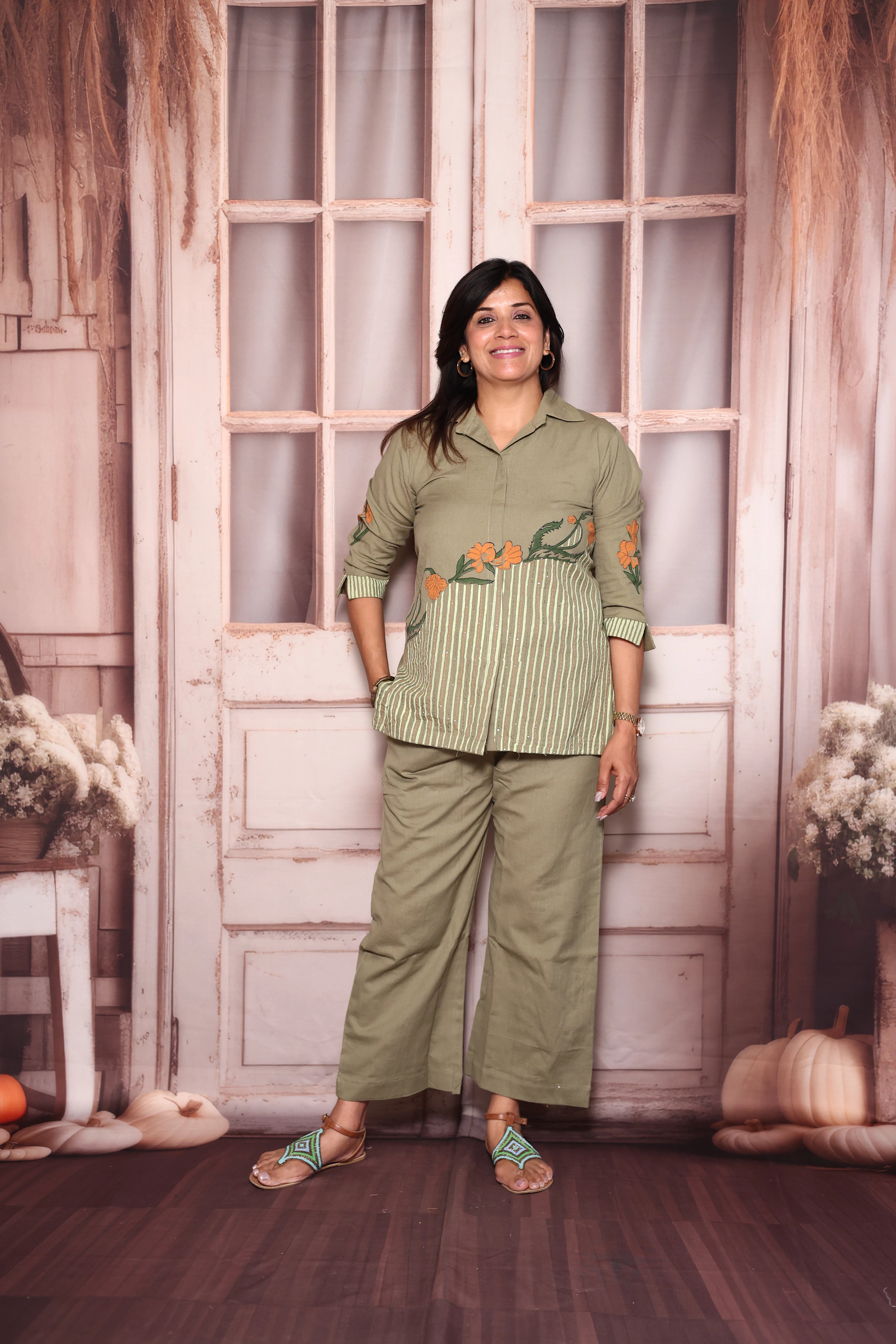 Sage Green Collared Top Palazzo Co-Ord Set | Hand Printed Cotton Flex Wear
