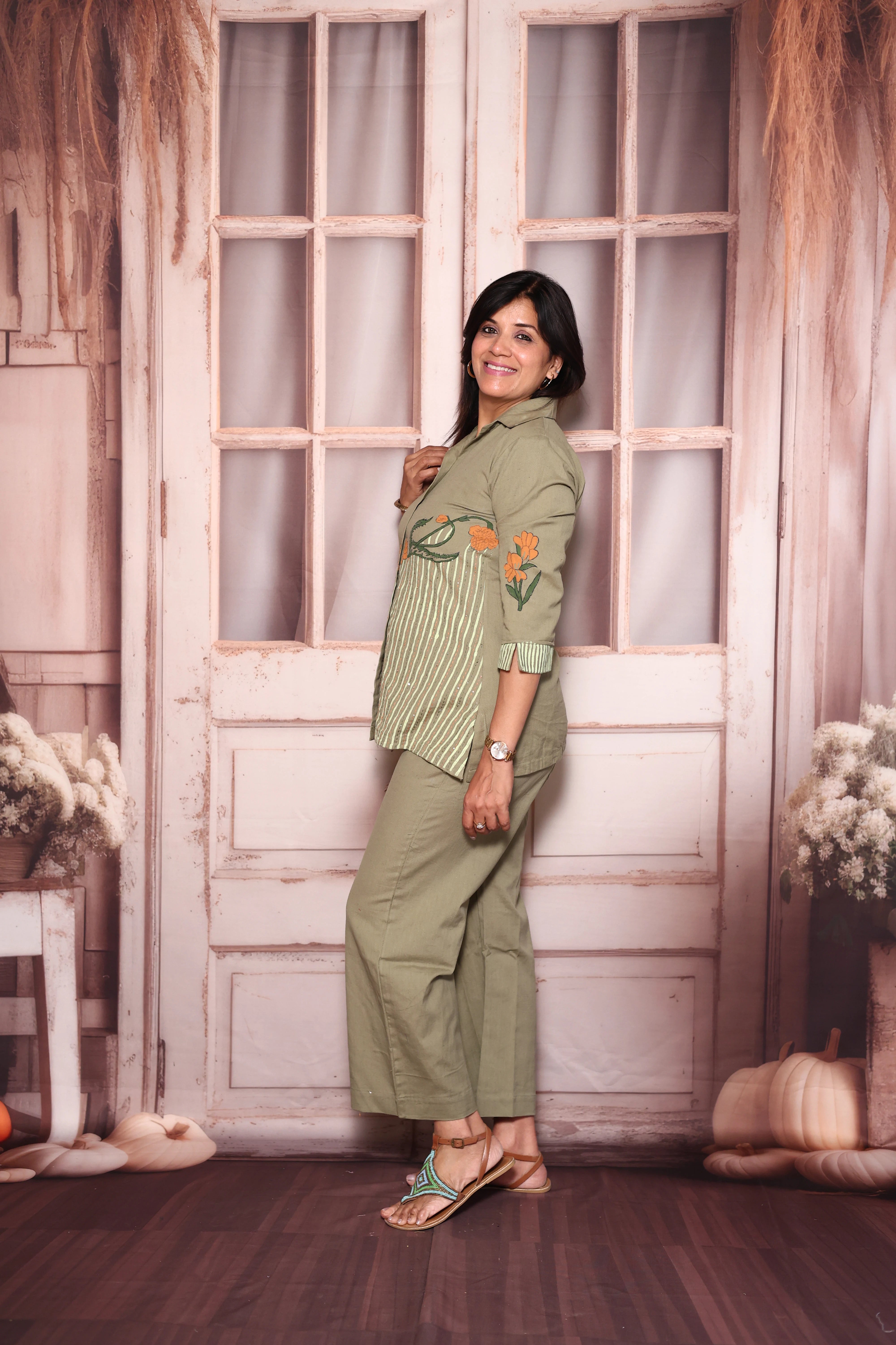 Sage Green Collared Top Palazzo Co-Ord Set | Hand Printed Cotton Flex Wear