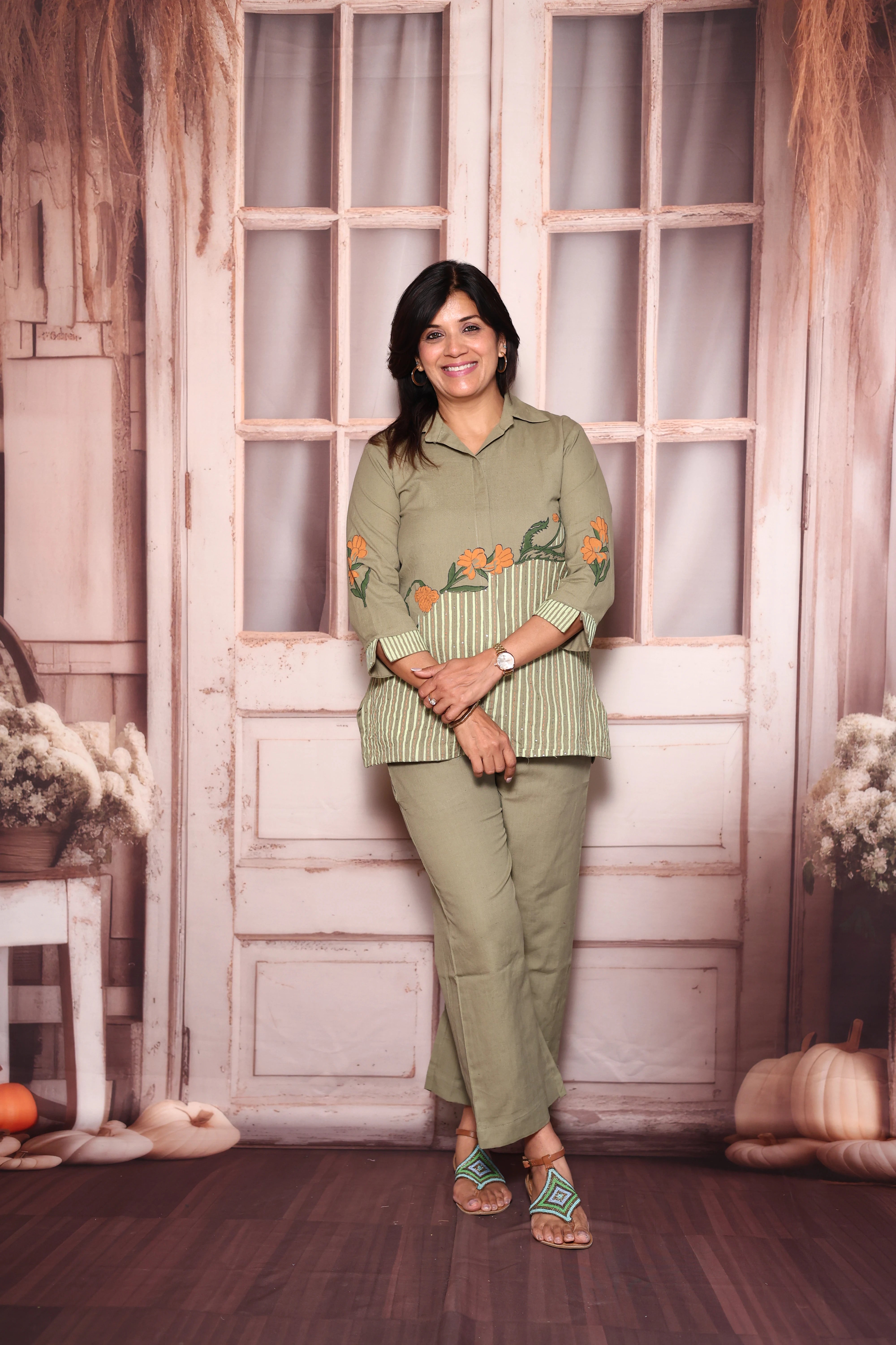 Sage Green Collared Top Palazzo Co-Ord Set | Hand Printed Cotton Flex Wear