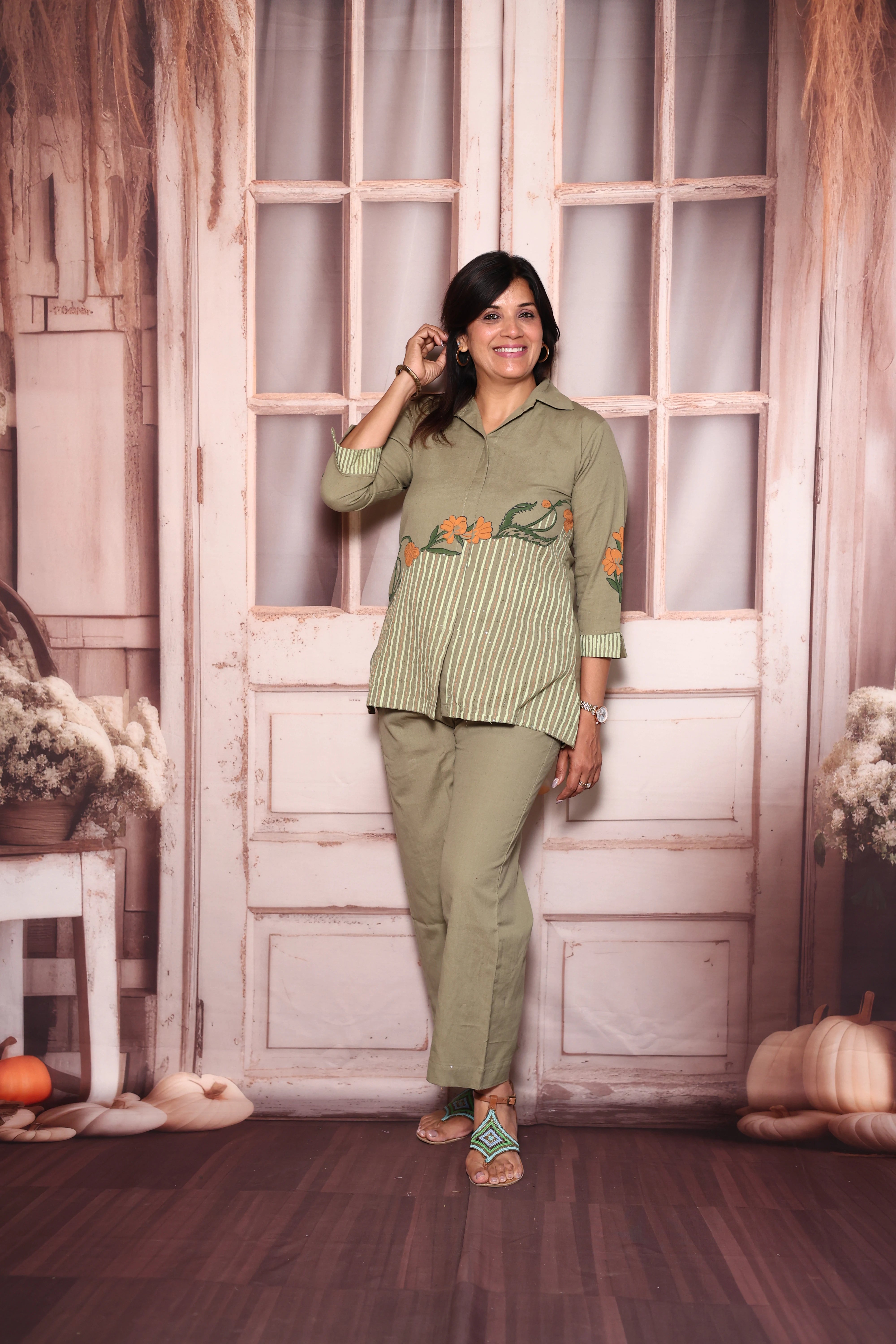 Sage Green Collared Top Palazzo Co-Ord Set | Hand Printed Cotton Flex Wear