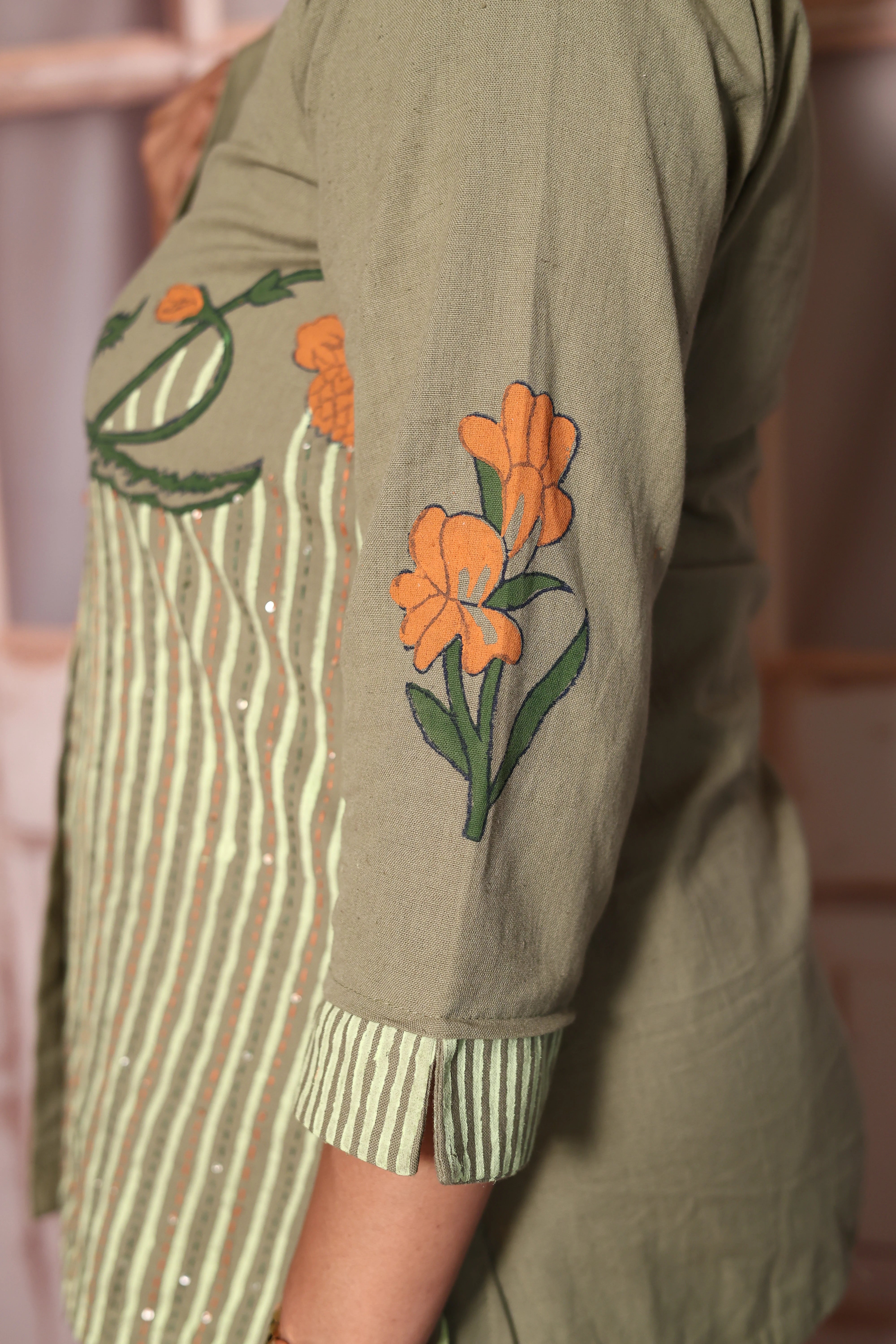 Sage Green Collared Top Palazzo Co-Ord Set | Hand Printed Cotton Flex Wear