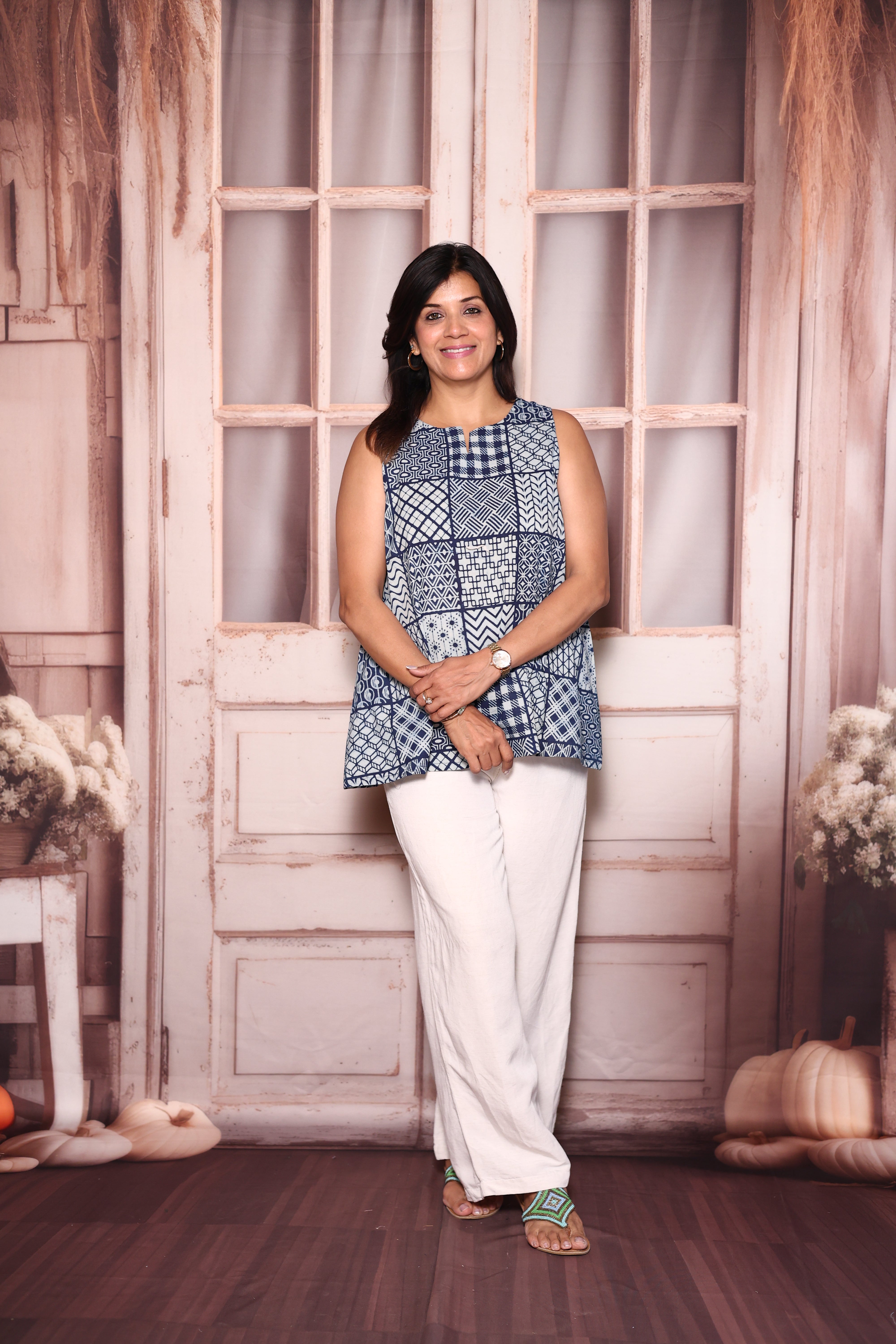 Indigo Print Sleeveless Tunic Top | Soft Cotton Casual Wear