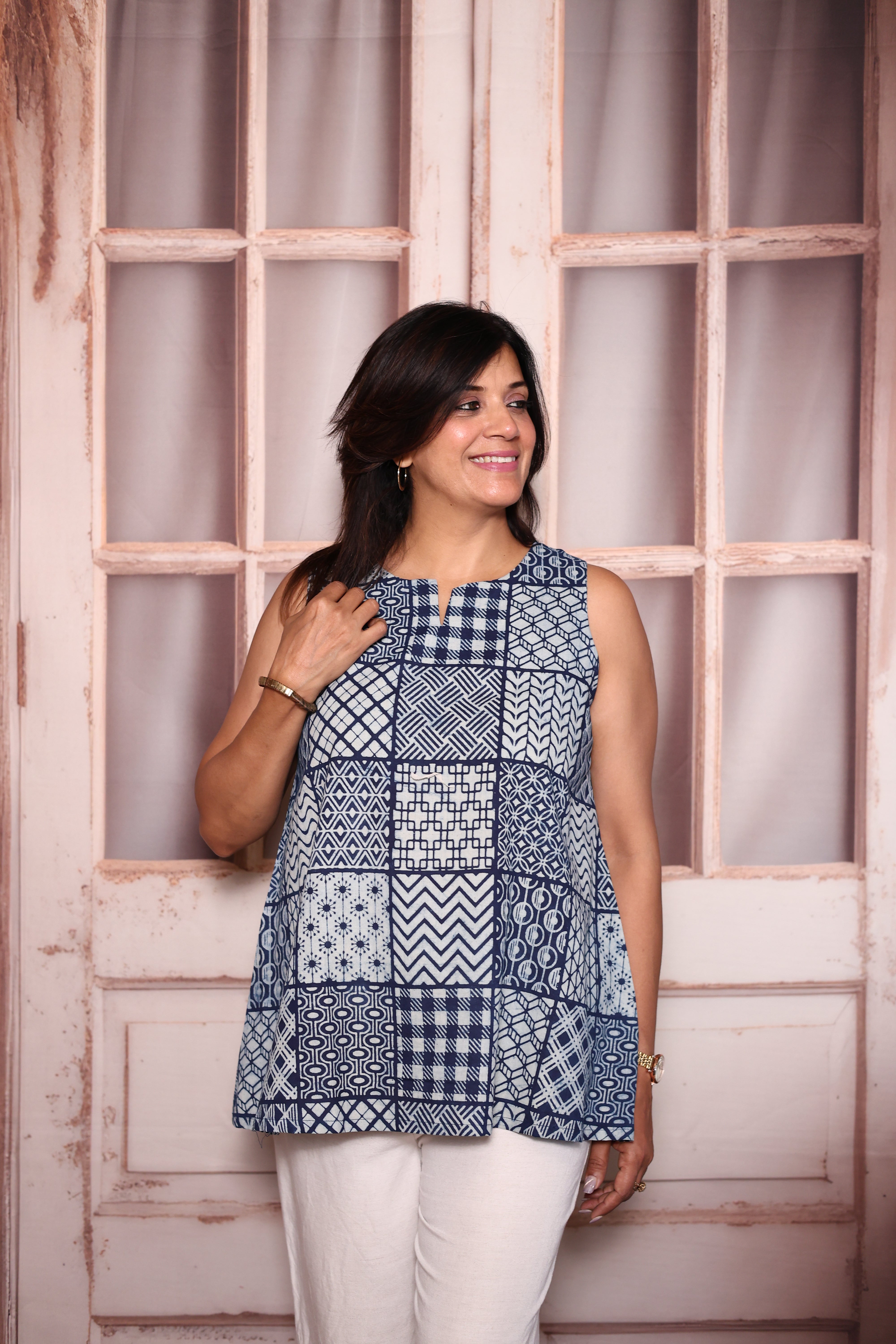 Indigo Print Sleeveless Tunic Top | Soft Cotton Casual Wear