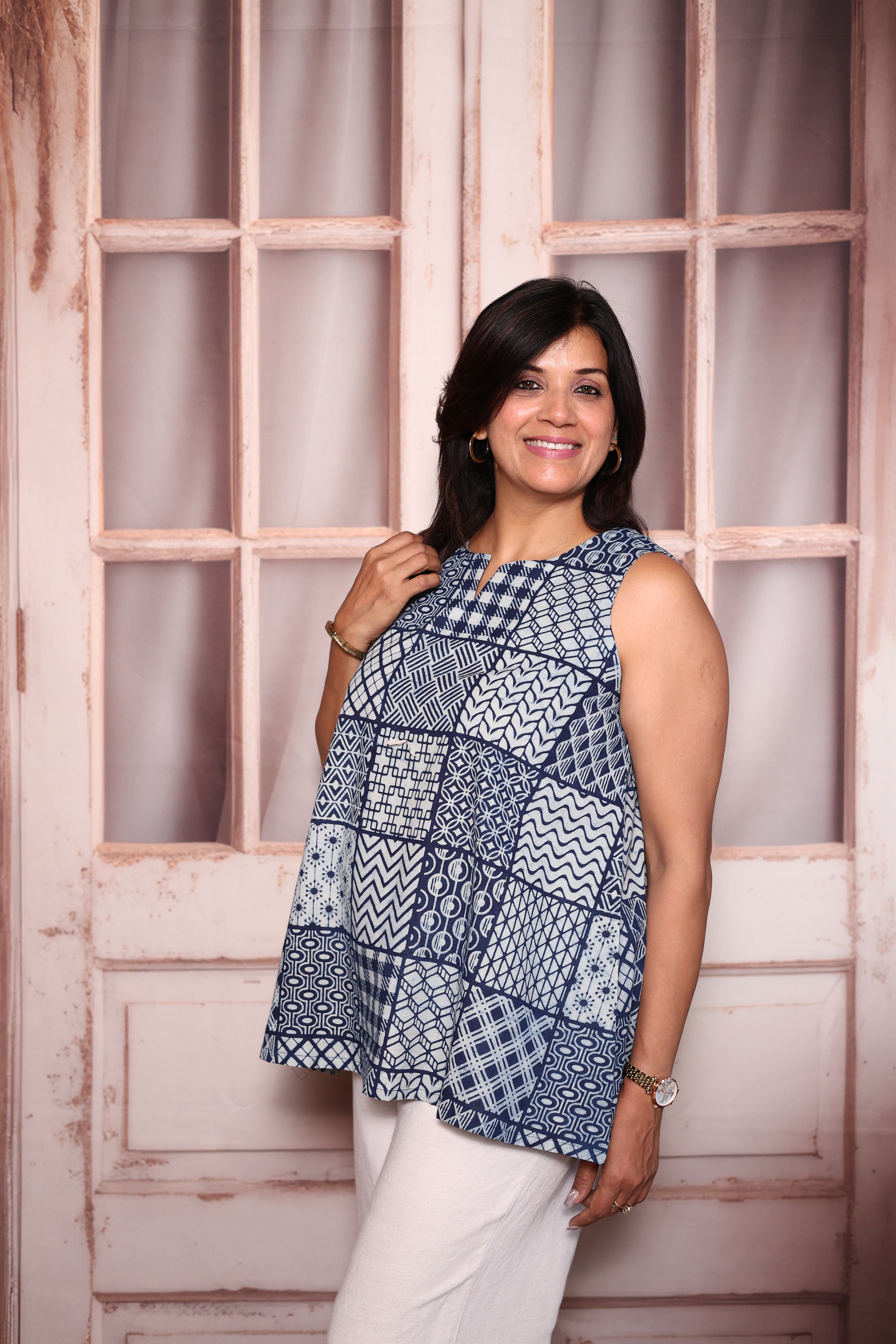 Indigo Print Sleeveless Tunic Top | Soft Cotton Casual Wear