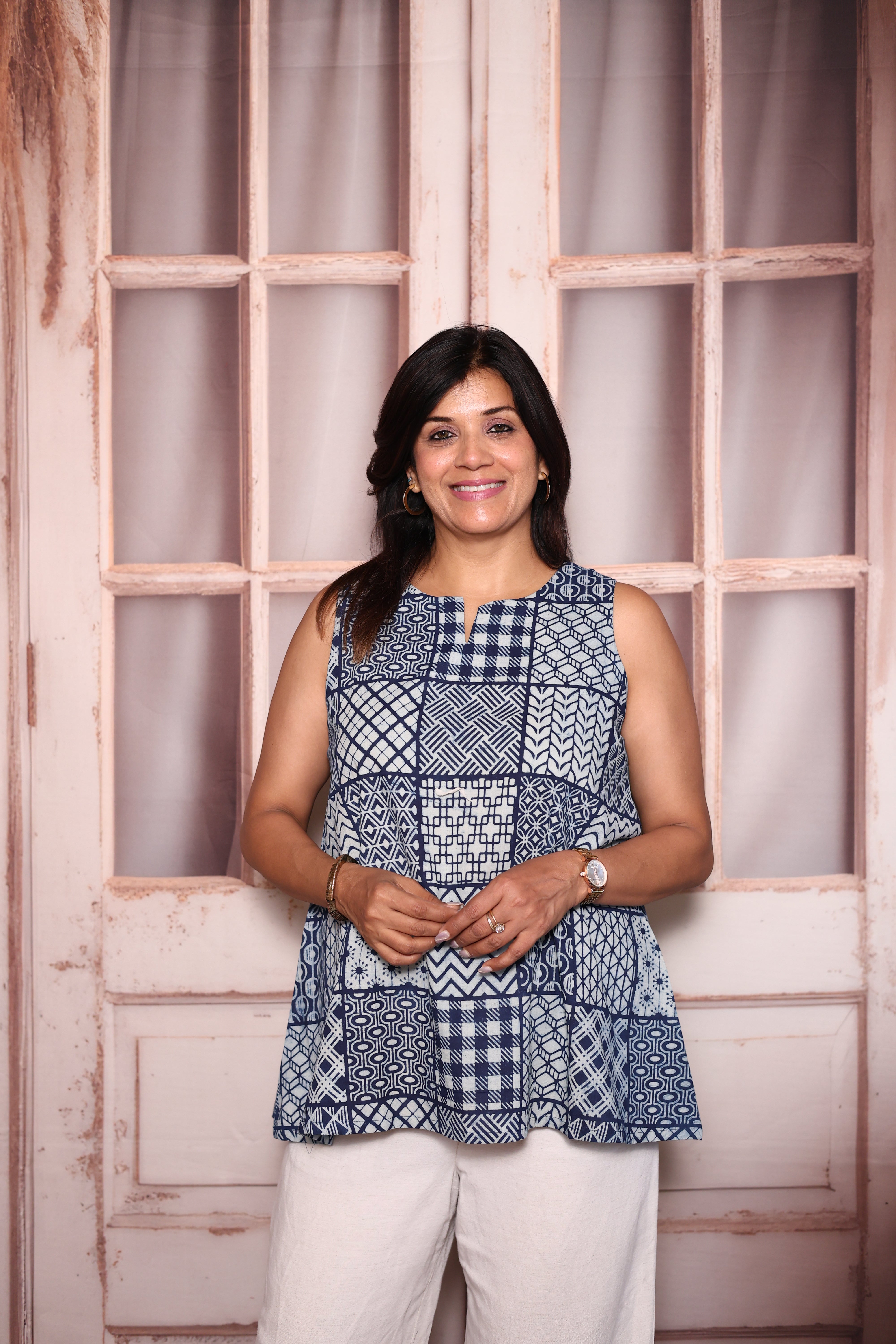 Indigo Print Sleeveless Tunic Top | Soft Cotton Casual Wear