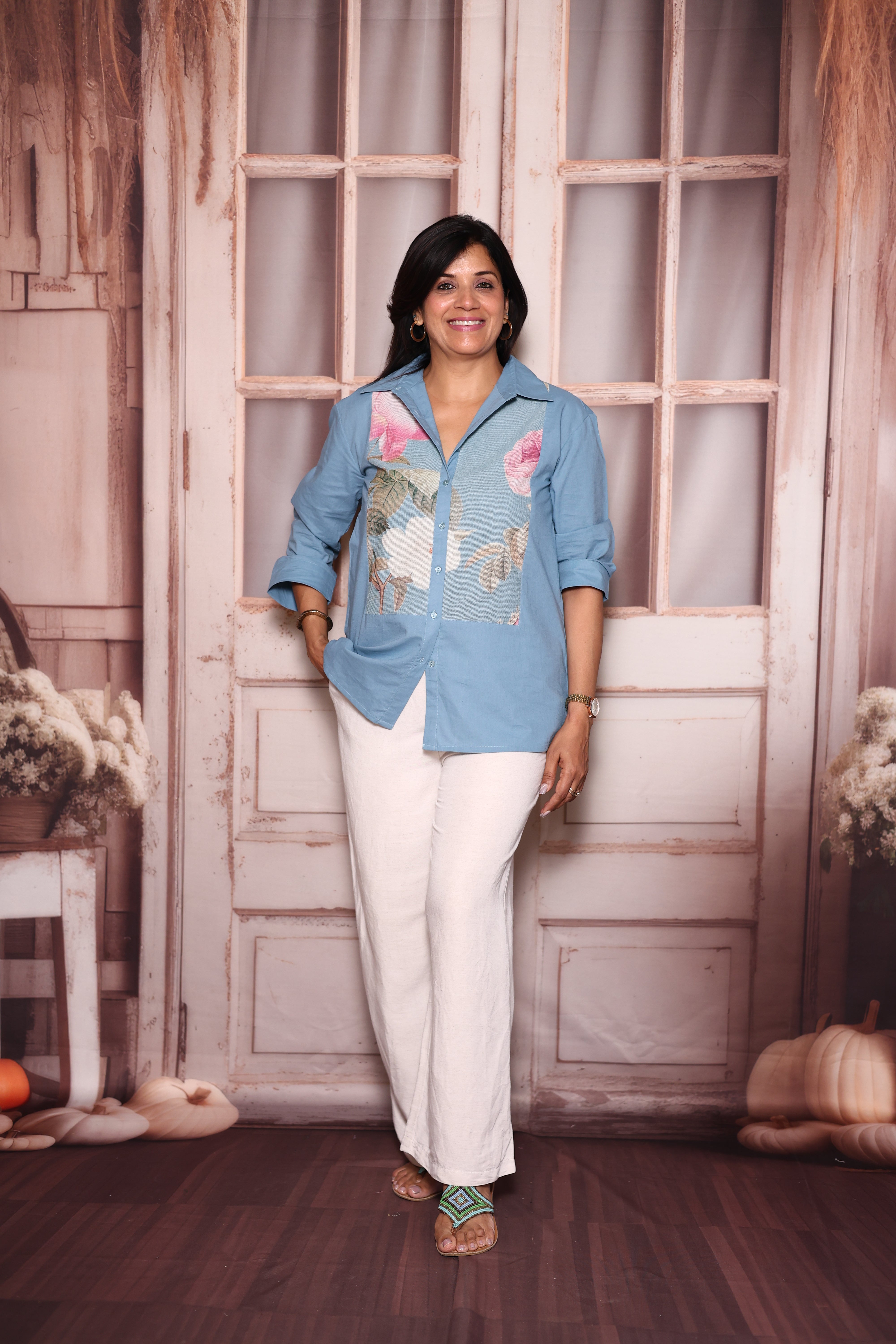 Sky Blue Digital Floral Print Collared Tunic Top | Cotton Casual Wear