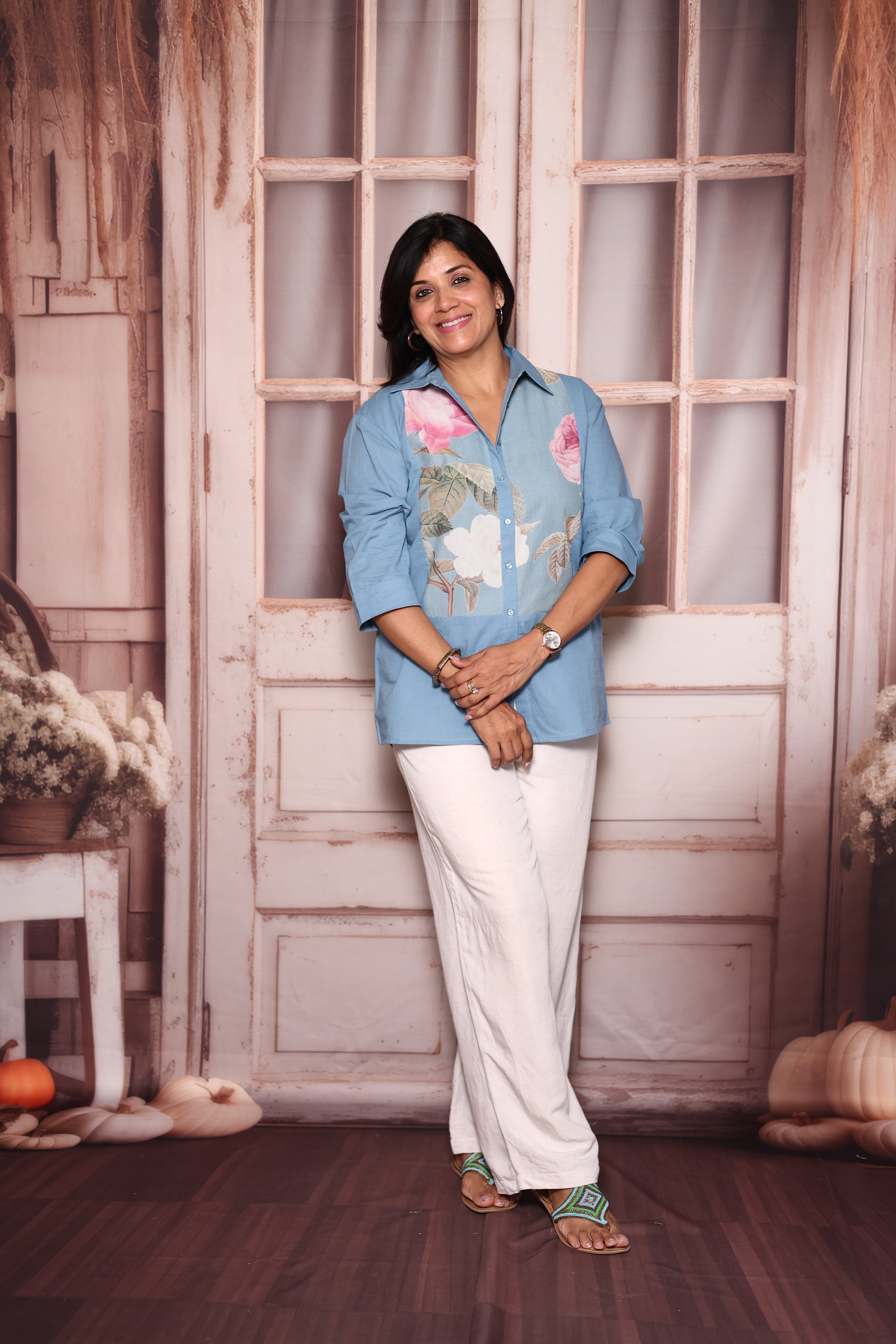 Sky Blue Digital Floral Print Collared Tunic Top | Cotton Casual Wear