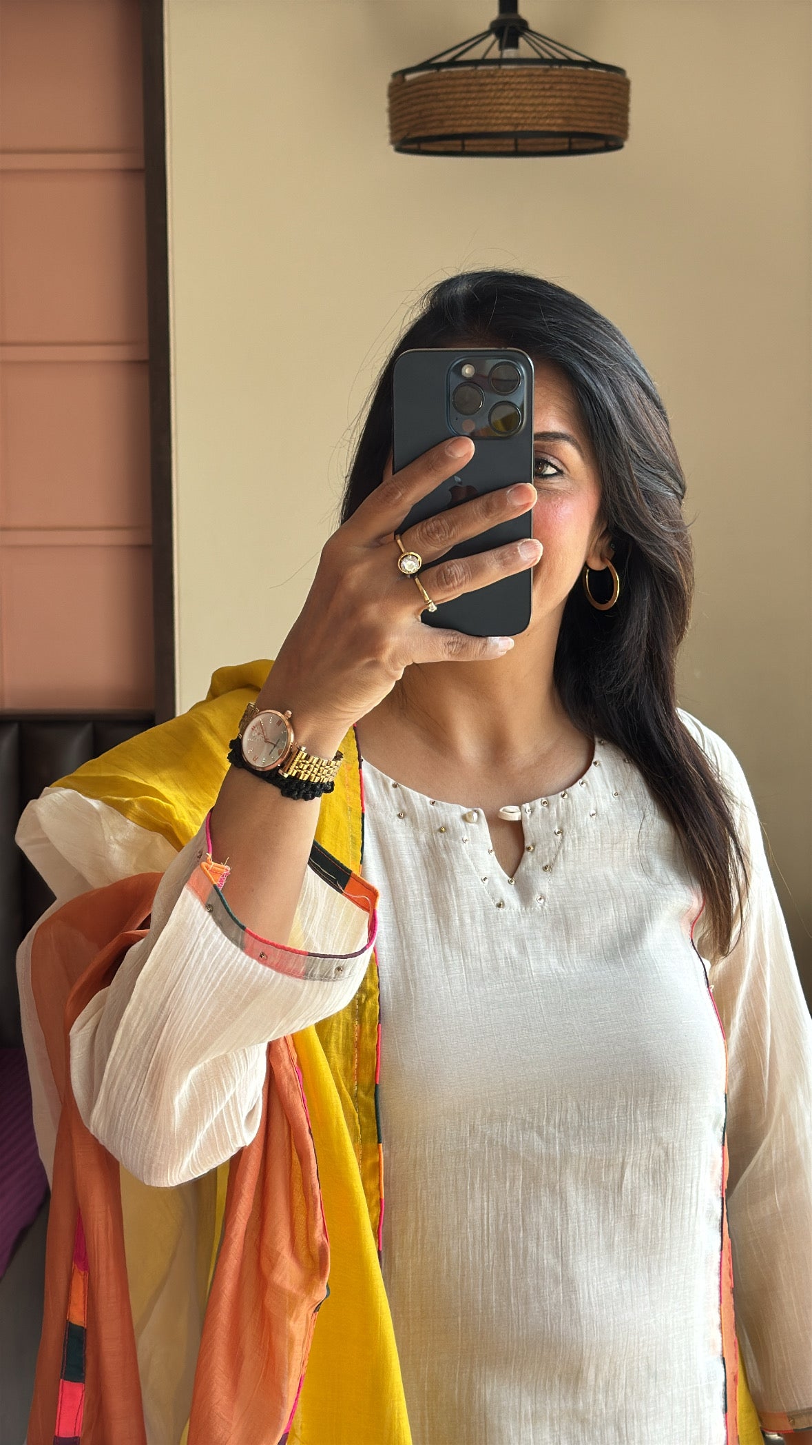 Light Beige – Color-Blocked A-Line Kurta Pant Dupatta Set | Banarasi Mul Chanderi