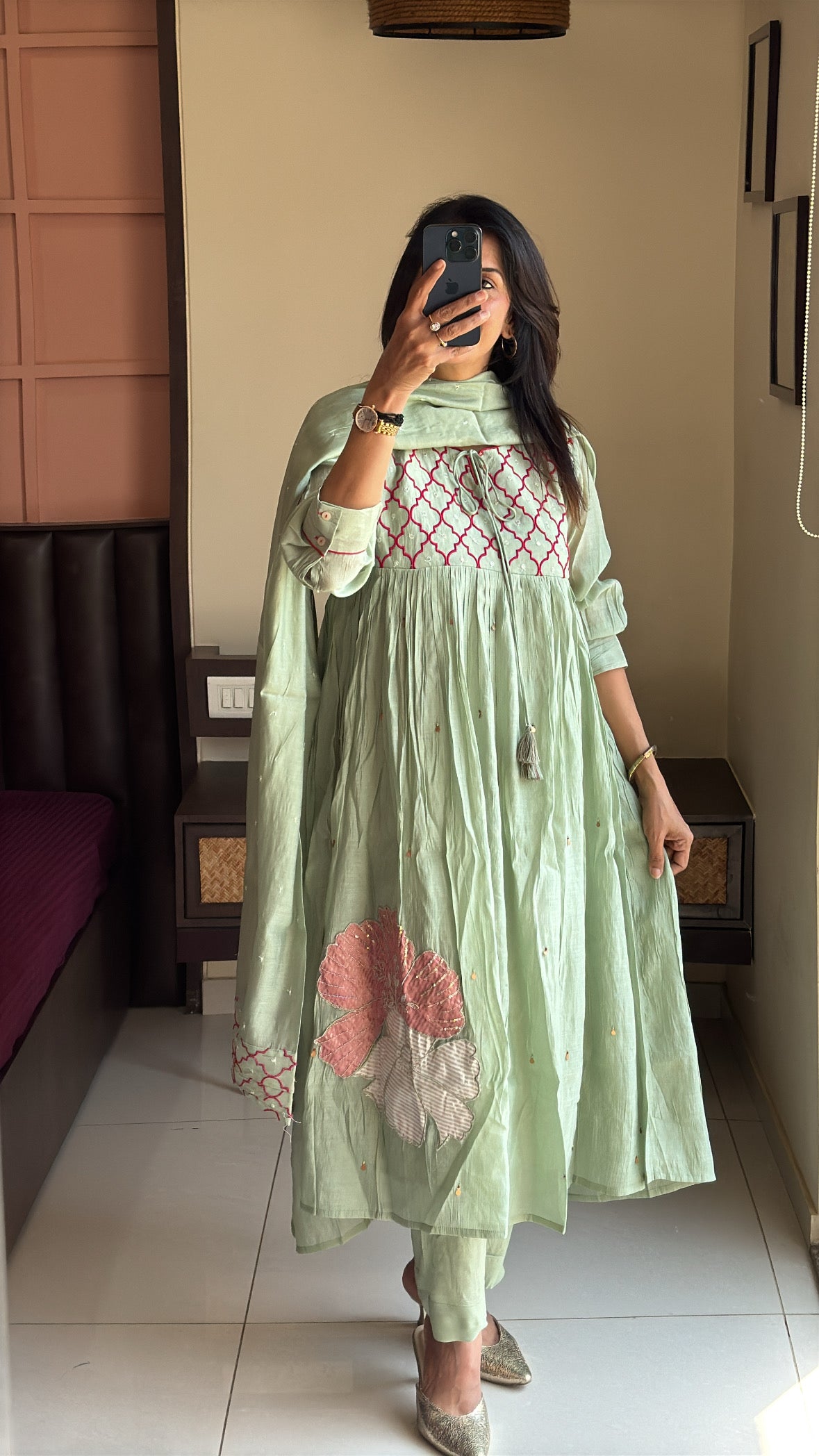 Pistachio Green – Yoke Embroidered Anarkali Set | Pure Mul Chanderi