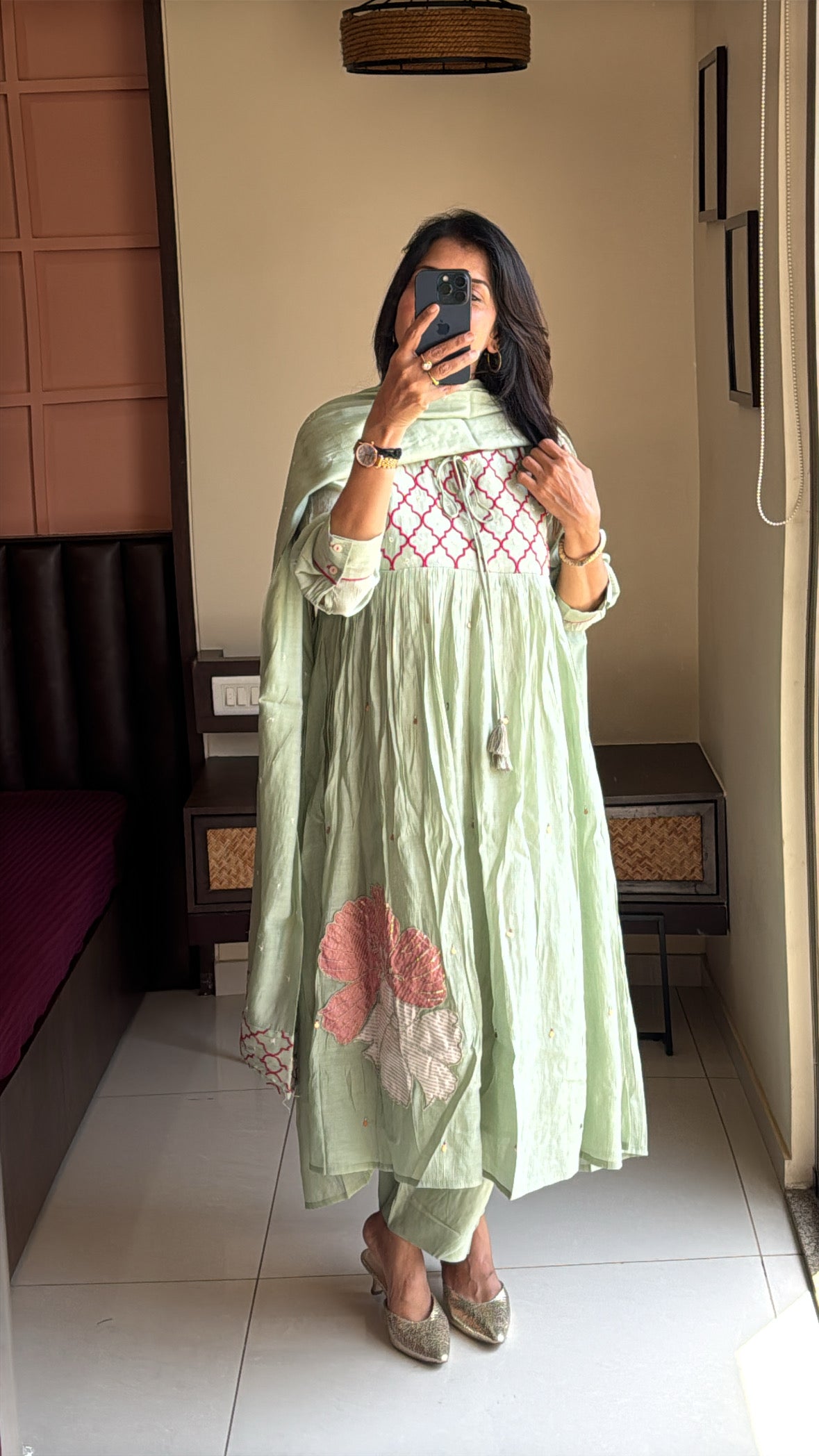Pistachio Green – Yoke Embroidered Anarkali Set | Pure Mul Chanderi