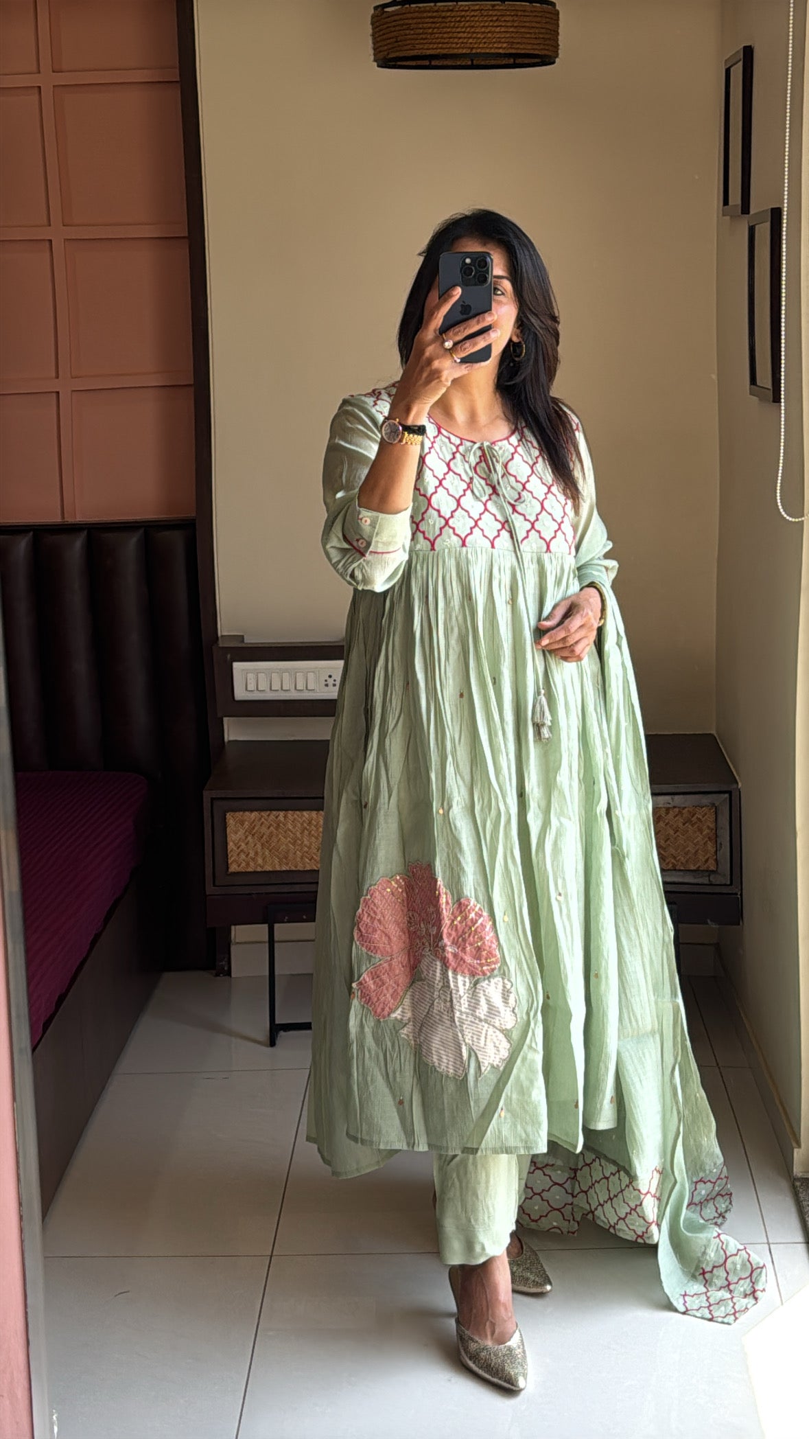 Pistachio Green – Yoke Embroidered Anarkali Set | Pure Mul Chanderi