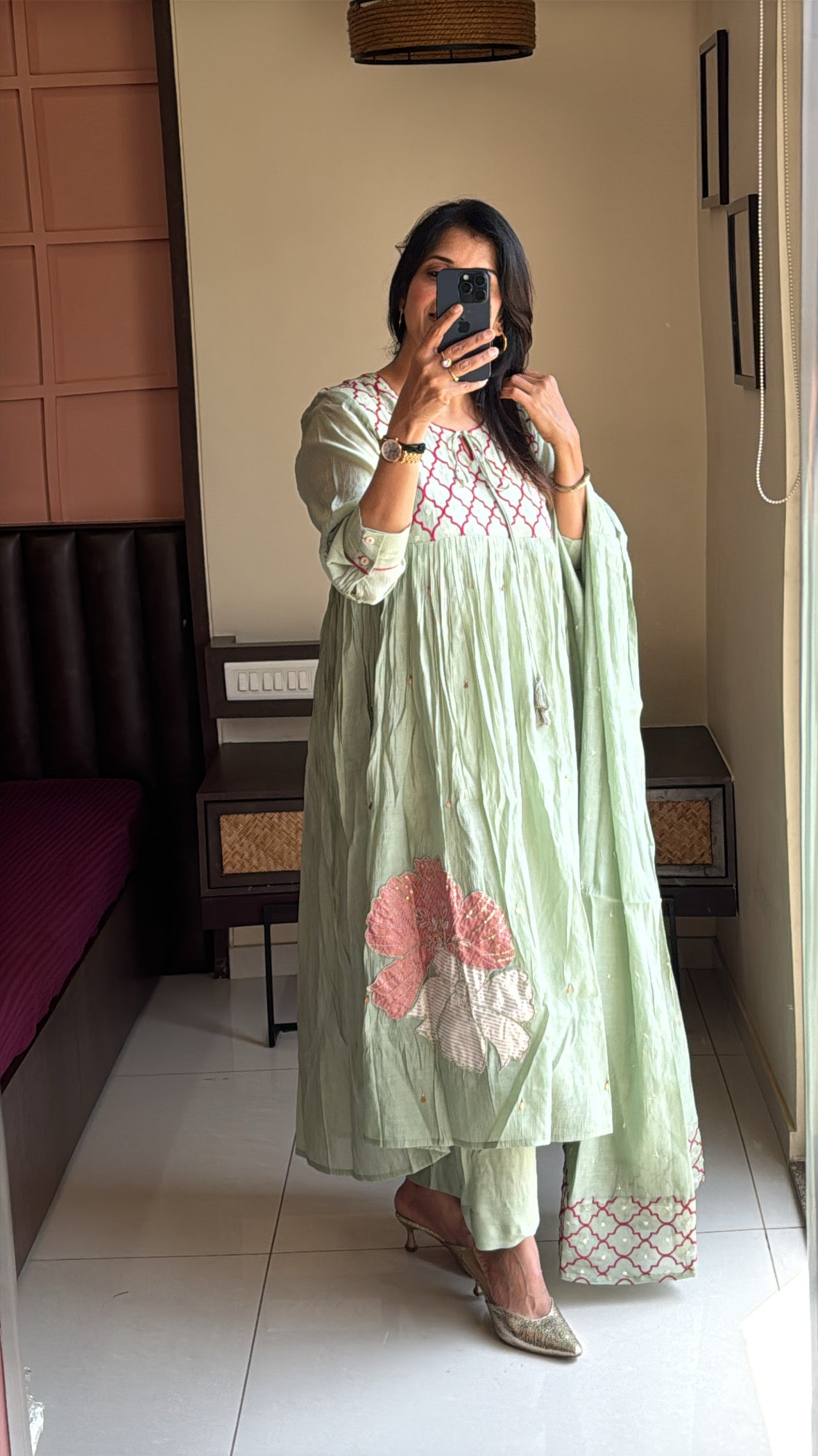 Pistachio Green – Yoke Embroidered Anarkali Set | Pure Mul Chanderi