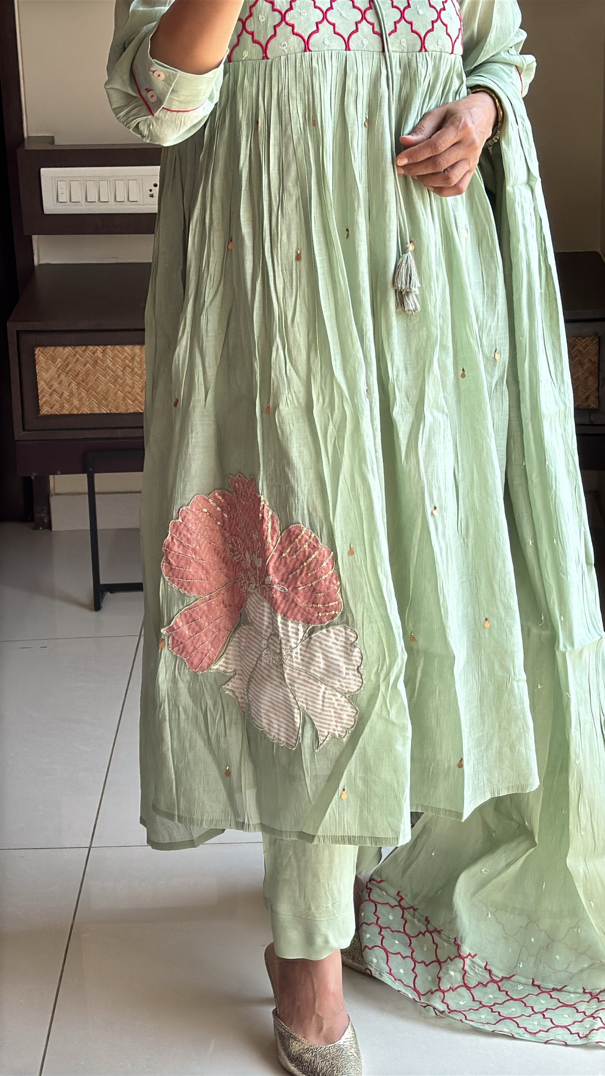 Pistachio Green – Yoke Embroidered Anarkali Set | Pure Mul Chanderi