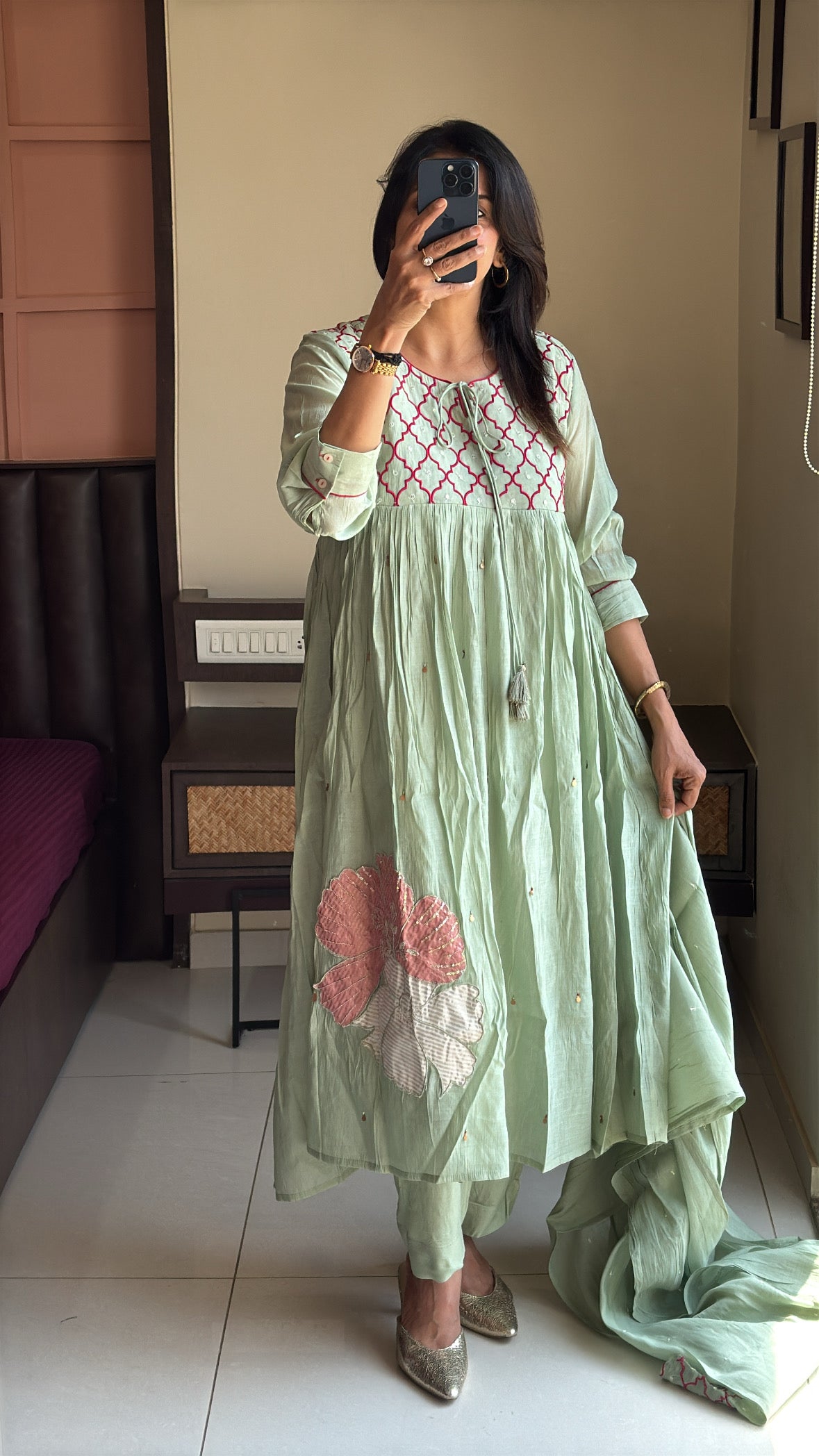 Pistachio Green – Yoke Embroidered Anarkali Set | Pure Mul Chanderi