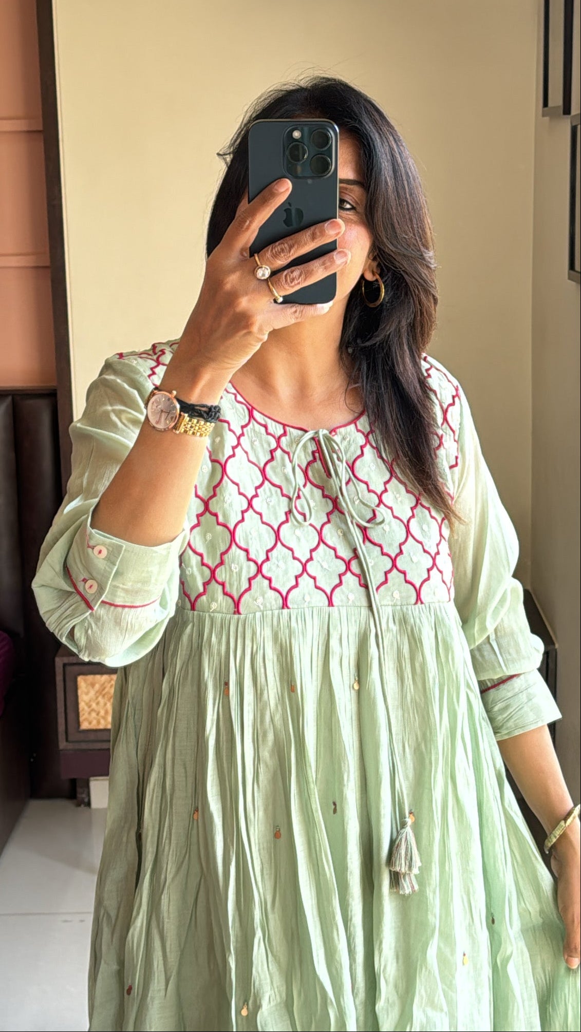 Pistachio Green – Yoke Embroidered Anarkali Set | Pure Mul Chanderi