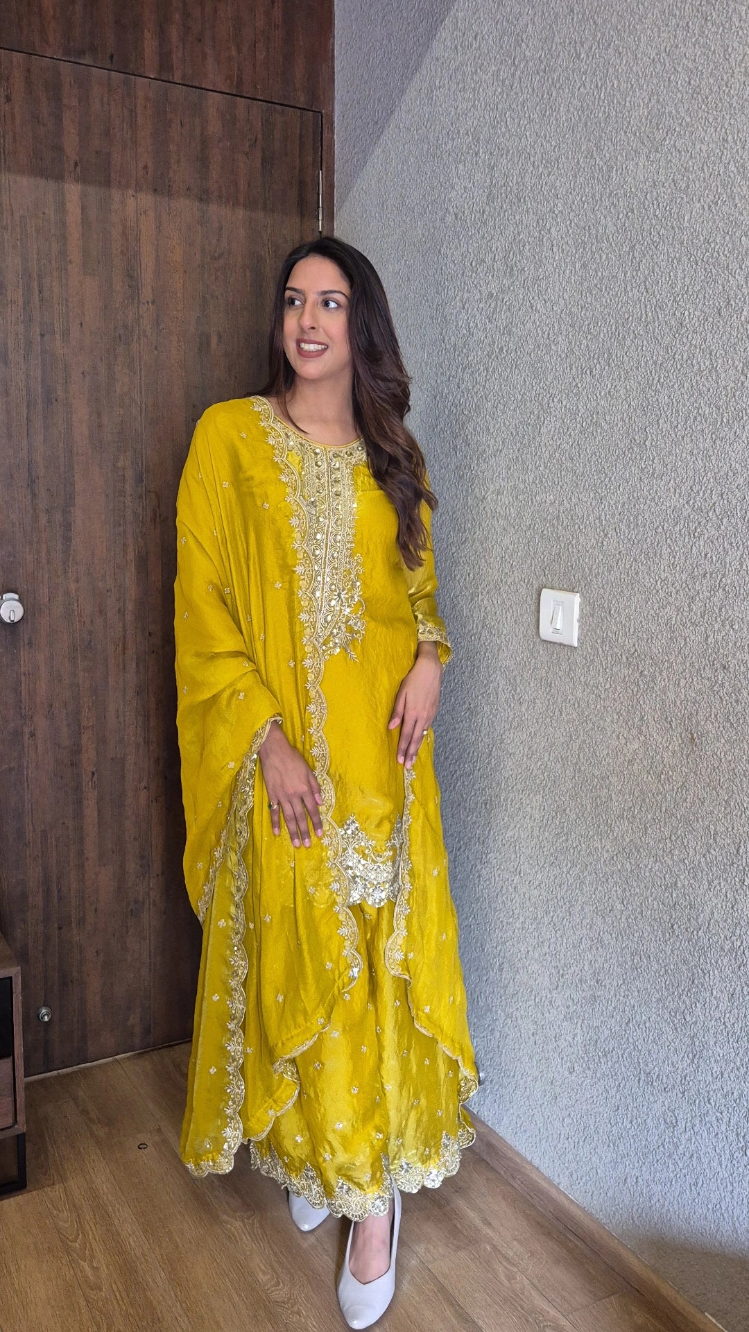 Citrine Yellow Short Kurti Palazzo Set with Dupatta | Zari, Sequins & Cut Work | Paper Glass Silk Festive Wear