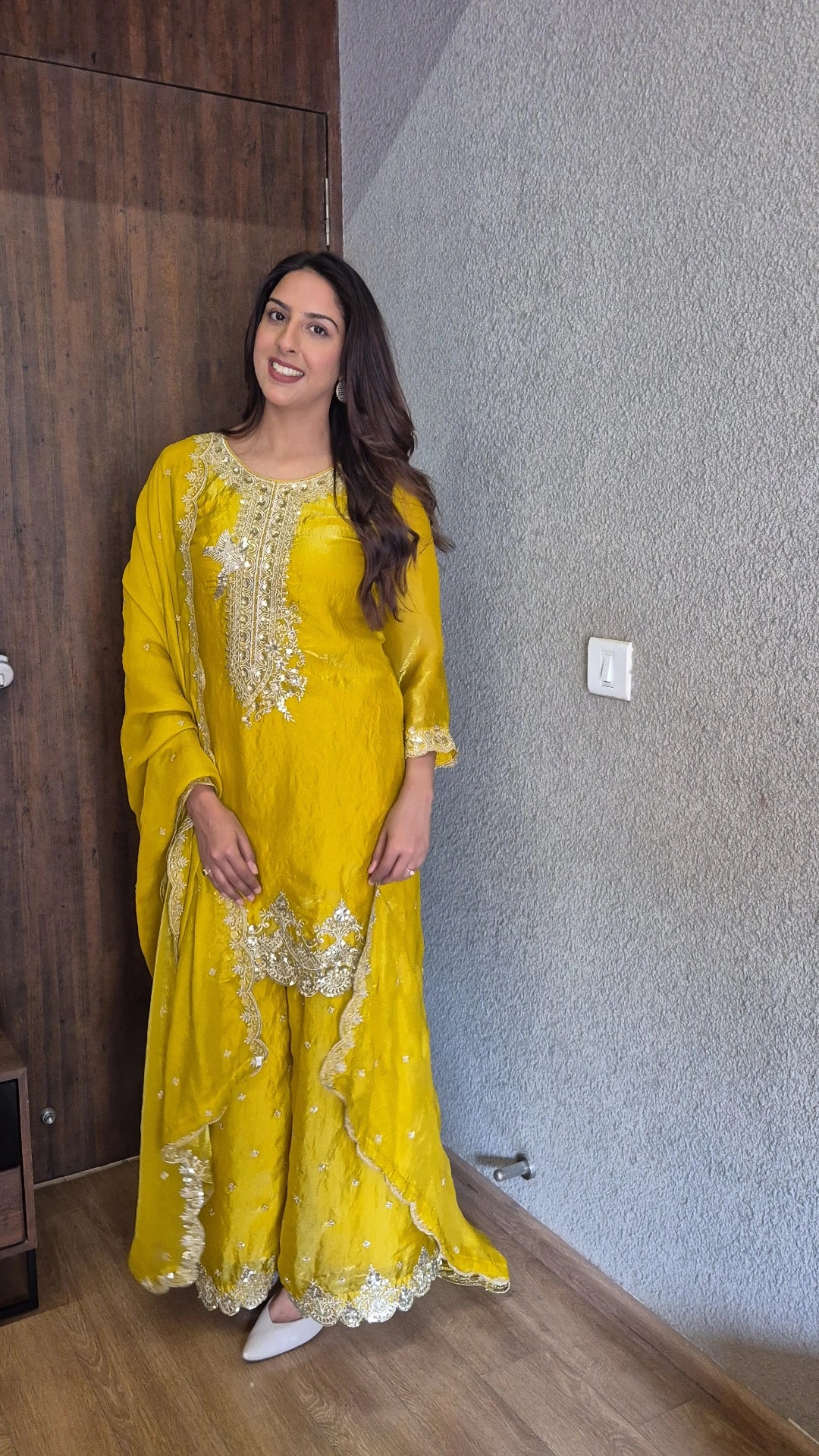 Citrine Yellow Short Kurti Palazzo Set with Dupatta | Zari, Sequins & Cut Work | Paper Glass Silk Festive Wear