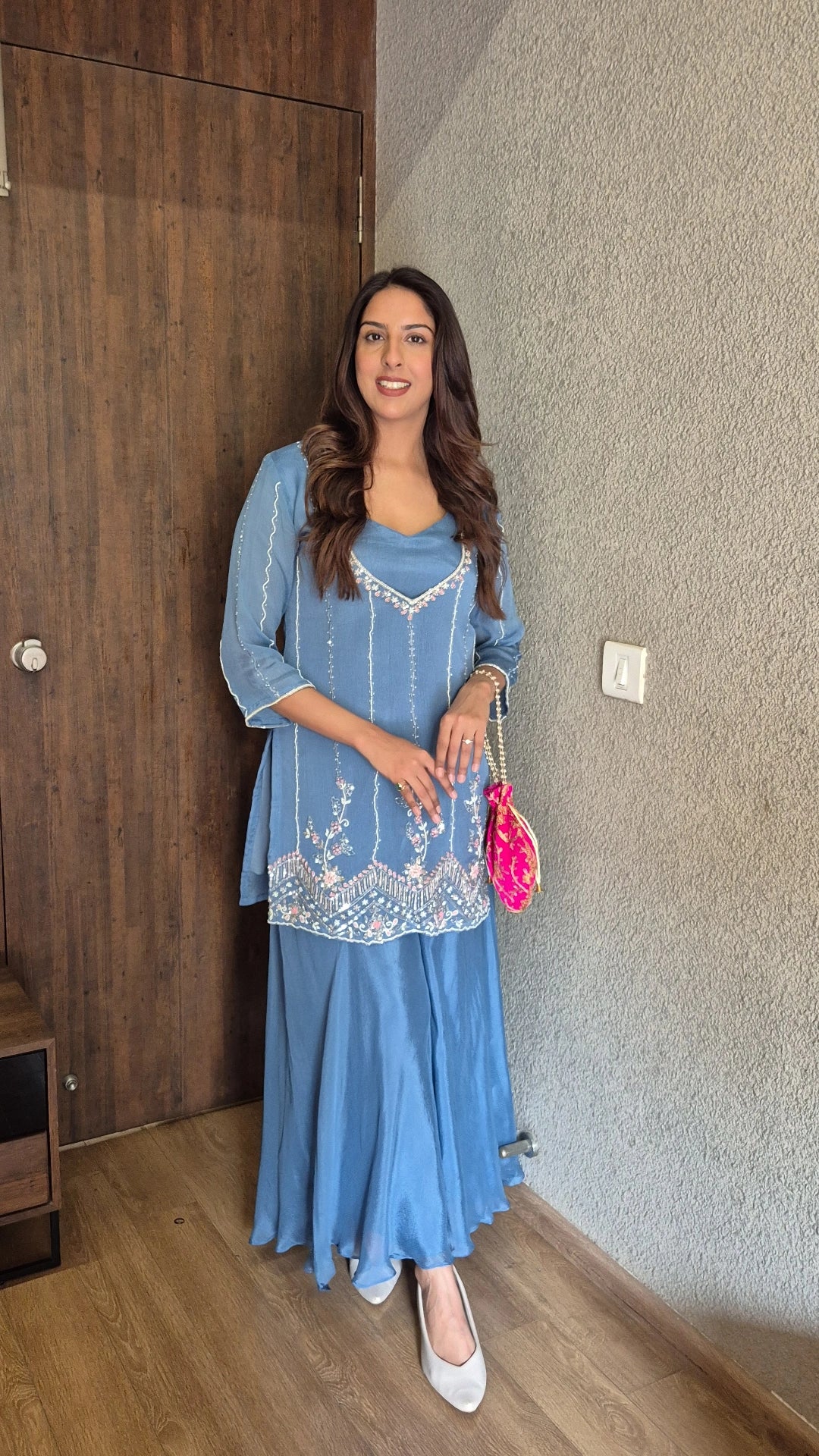 Steel Blue Deep Neck Kurta Palazzo Set with Bustier | Pearl & Sequin Embroidery | Chinon Festive Wear