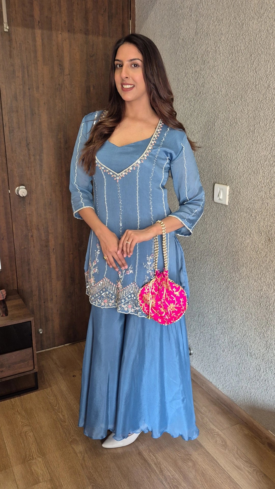 Steel Blue Deep Neck Kurta Palazzo Set with Bustier | Pearl & Sequin Embroidery | Chinon Festive Wear