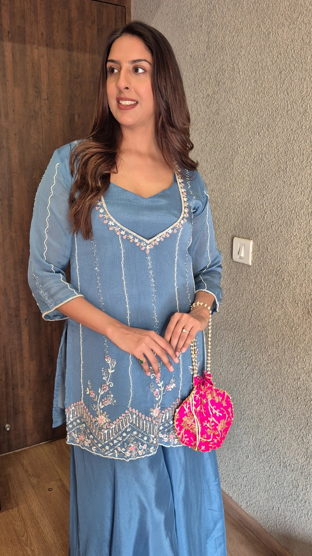 Steel Blue Deep Neck Kurta Palazzo Set with Bustier | Pearl & Sequin Embroidery | Chinon Festive Wear