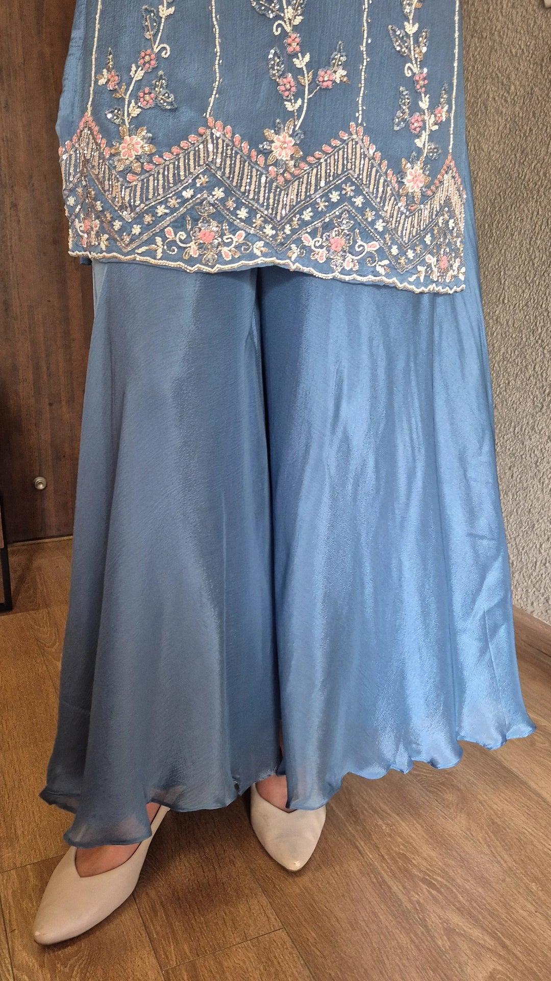 Steel Blue Deep Neck Kurta Palazzo Set with Bustier | Pearl & Sequin Embroidery | Chinon Festive Wear