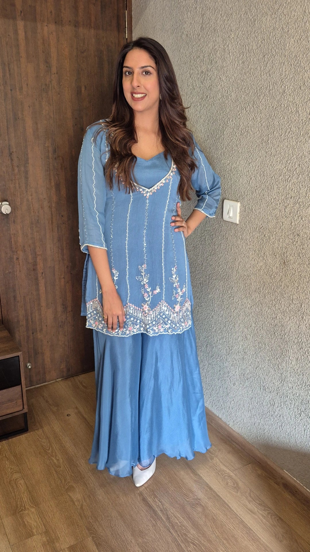 Steel Blue Deep Neck Kurta Palazzo Set with Bustier | Pearl & Sequin Embroidery | Chinon Festive Wear