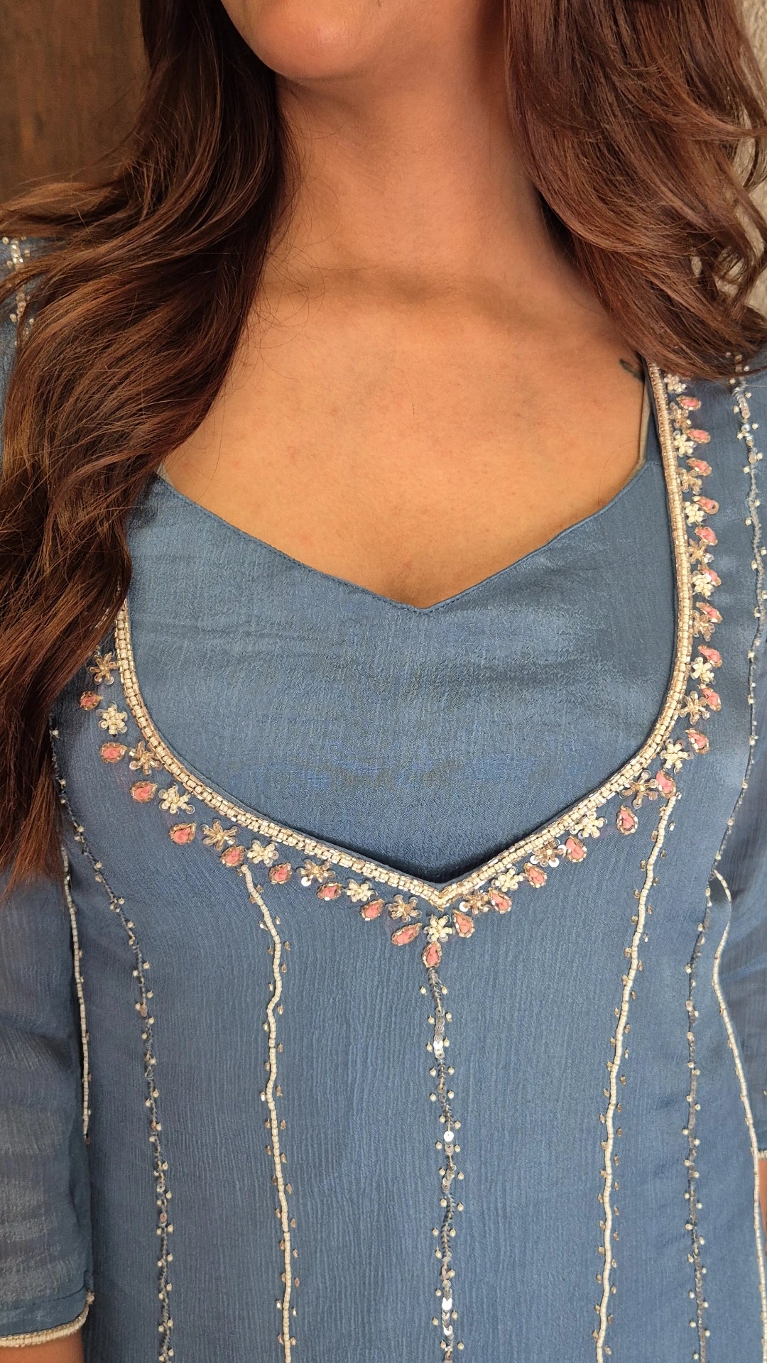 Steel Blue Deep Neck Kurta Palazzo Set with Bustier | Pearl & Sequin Embroidery | Chinon Festive Wear