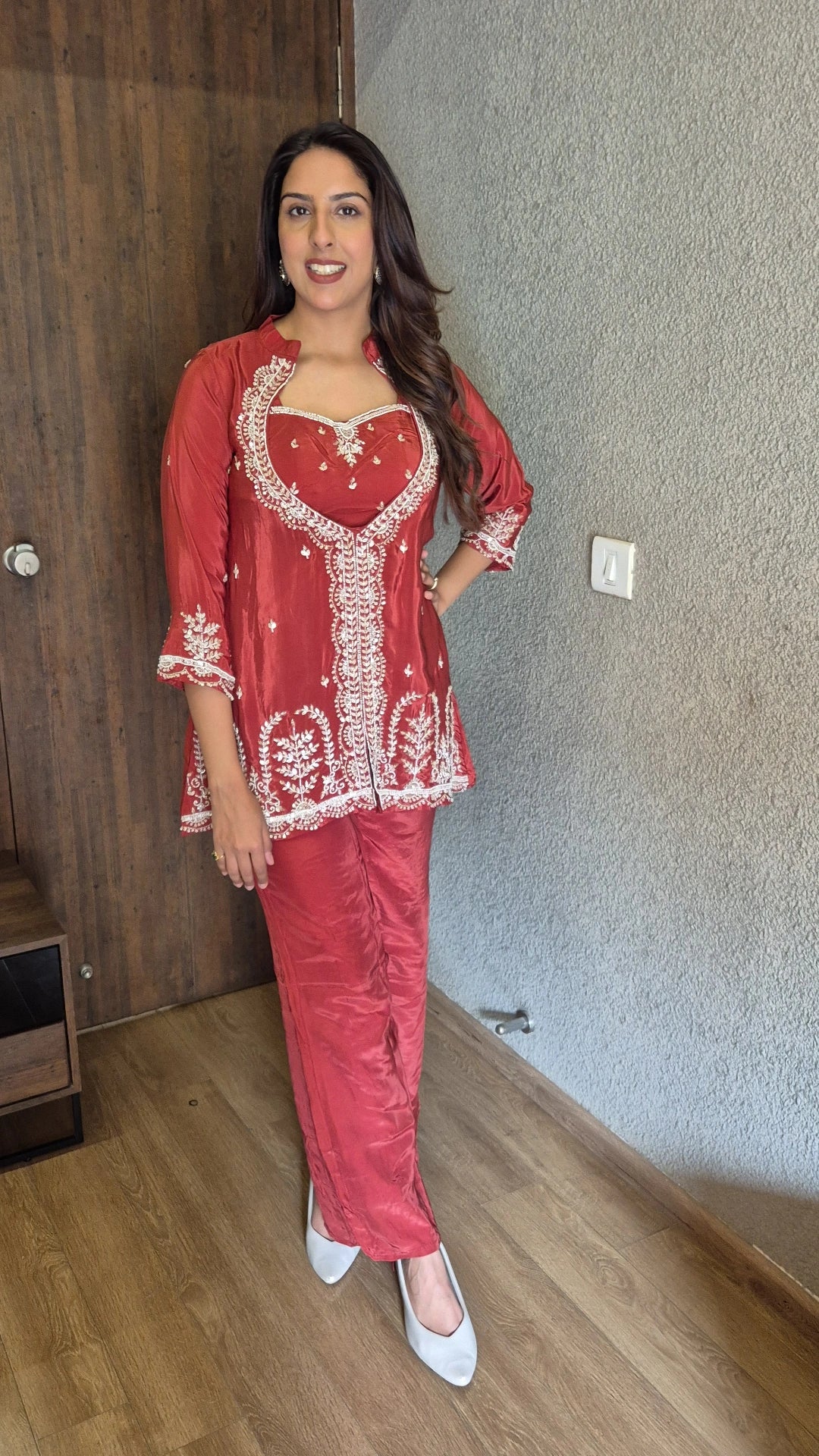 Coral Red Deep Neck Kurta Pant Set with Bustier | Pearl & Sequin Embroidery | Crepe Festive Wear