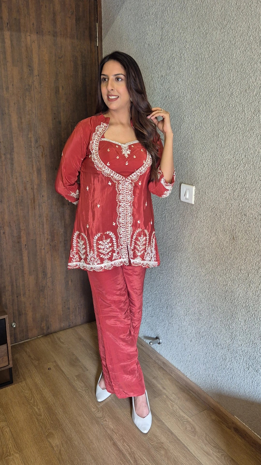 Coral Red Deep Neck Kurta Pant Set with Bustier | Pearl & Sequin Embroidery | Crepe Festive Wear