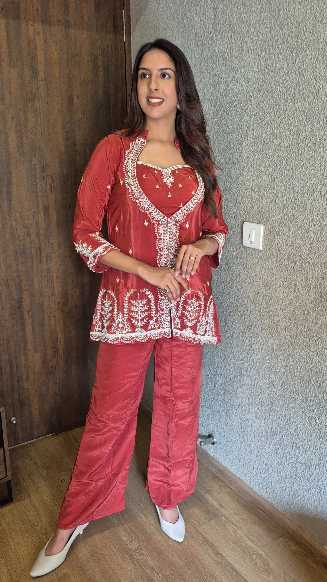 Coral Red Deep Neck Kurta Pant Set with Bustier | Pearl & Sequin Embroidery | Crepe Festive Wear